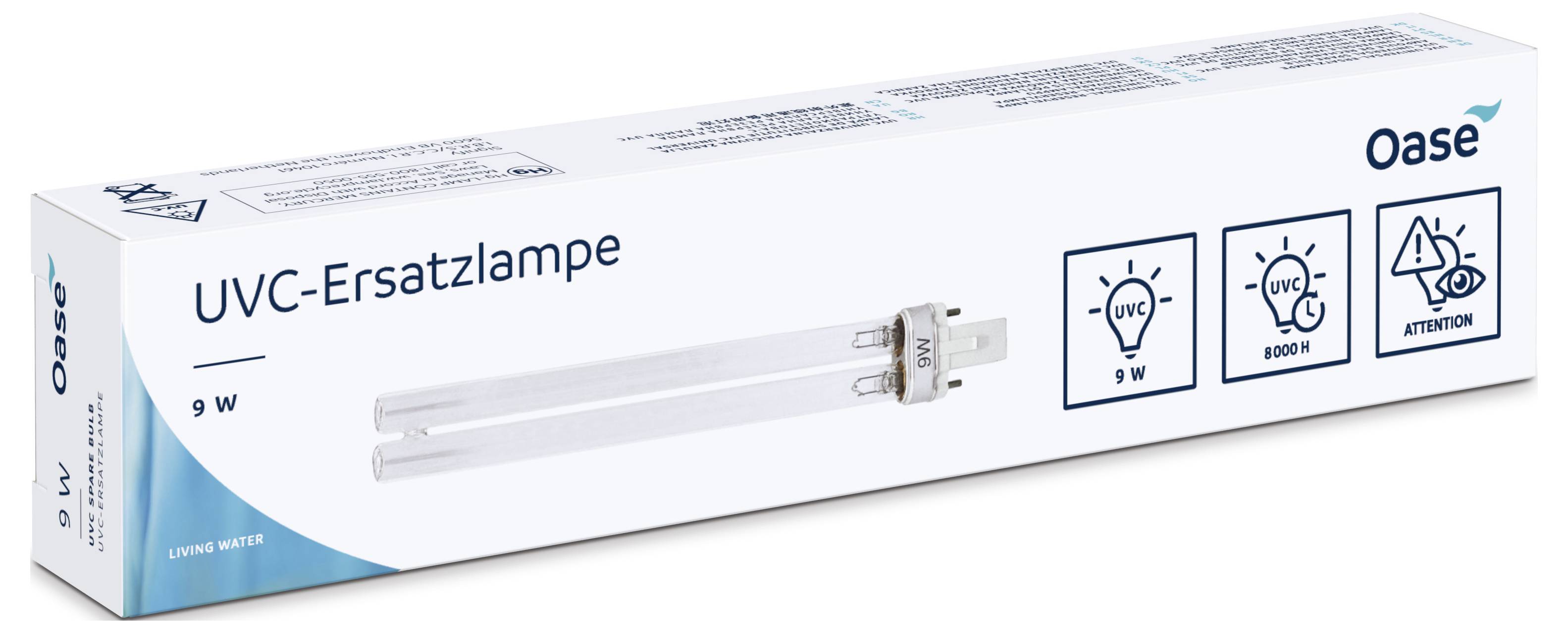 Obdélníková krabice označená 'UVC-Ersatzlampe 9W' s ikonami znázorňujícími UVC záření, knihu a výstražný symbol. Značka 'Oase' je zobrazena.