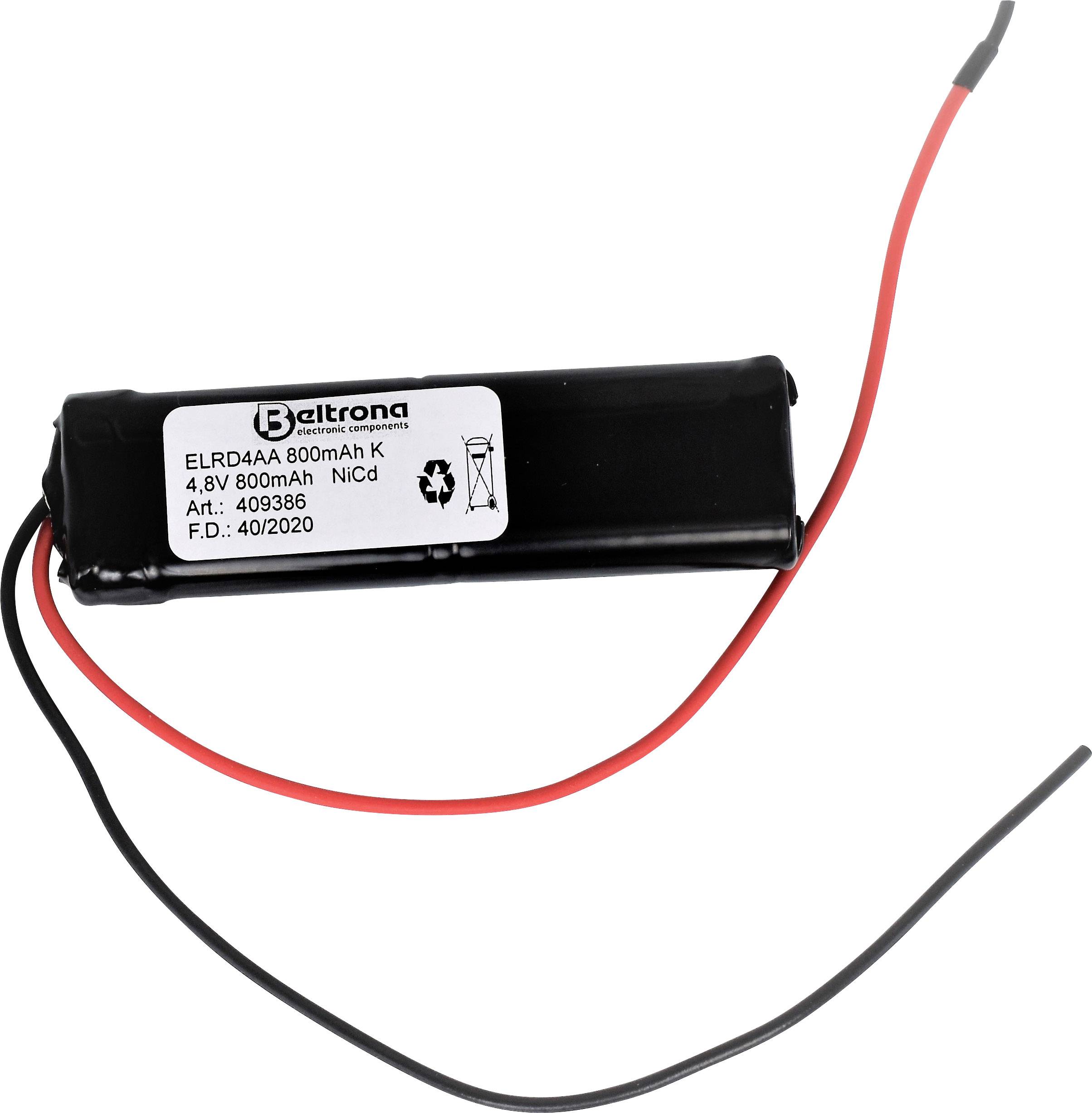 Černý bateriový pack s červeným a černým kabelem. Štítek uvádí 800mAh, 4,8V, NiCd, katalogové číslo 409386, datum výroby: 40/2020.