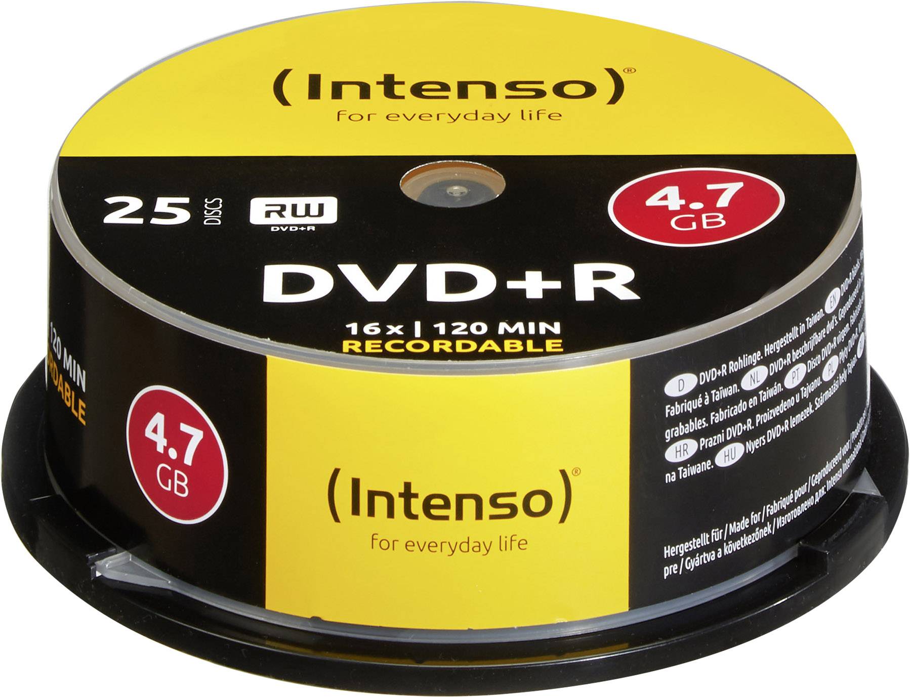 'Intenso DVD+R 4,7 GB, 25 kusů, přepisovatelné, kapacita záznamu 120 minut, vhodné pro každodenní zálohování dat a nahrávání médií.'
