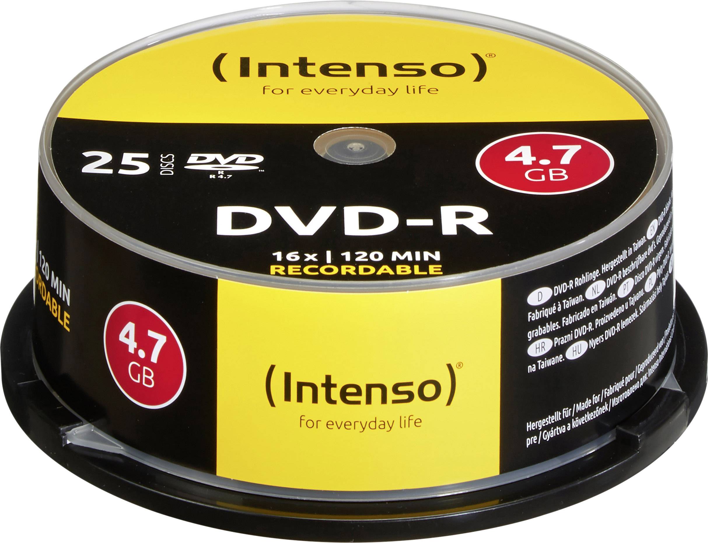 Balení 25 DVD-R disků značky Intenso, každý o kapacitě 4,7 GB, vhodných pro nahrávání rychlostí až 16x.