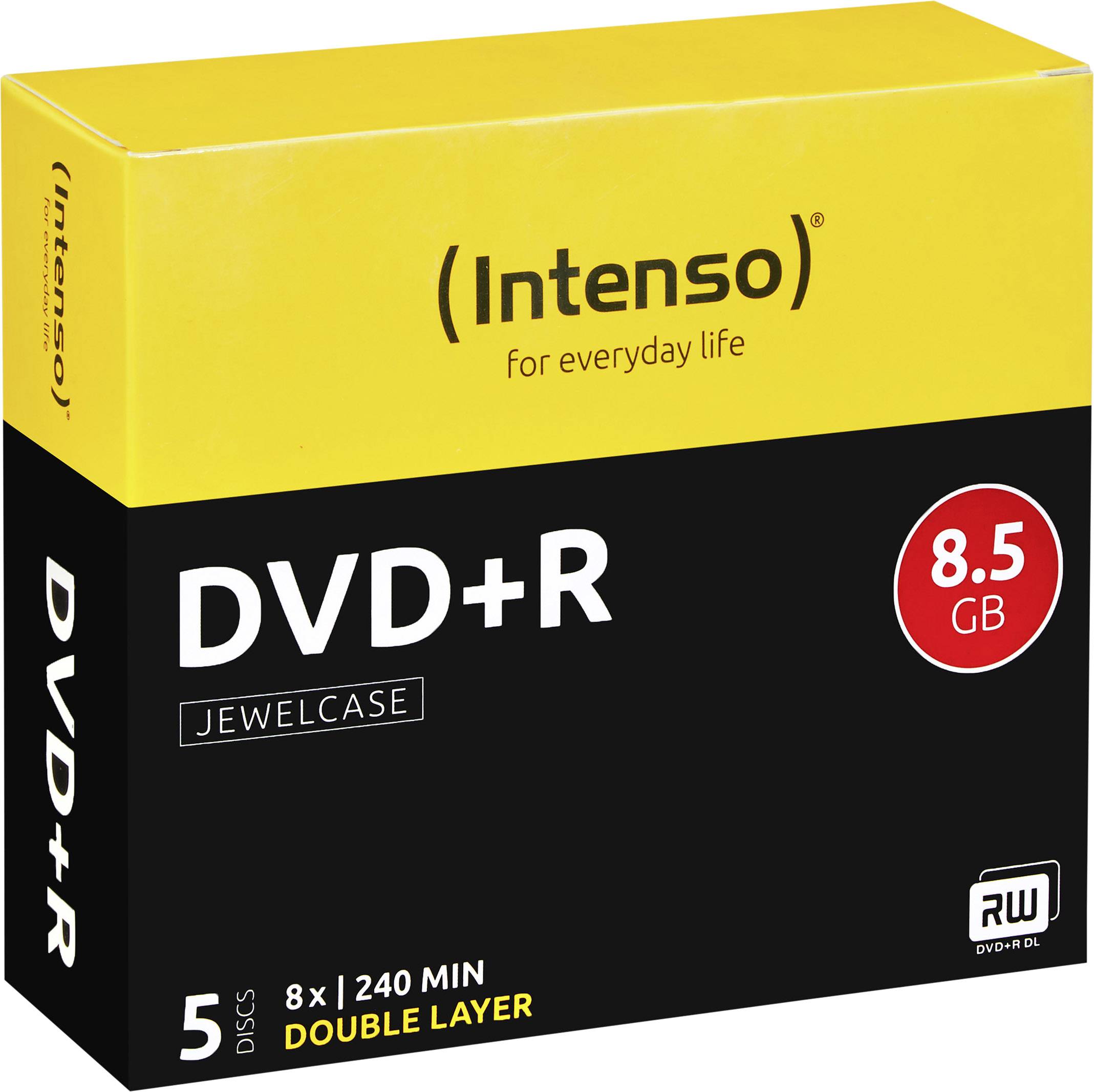 Krabička s 5 disky Intenso DVD+R, 8x rychlost, 240 minut, dual layer, kapacita 8,5 GB, vhodné pro každodenní použití.