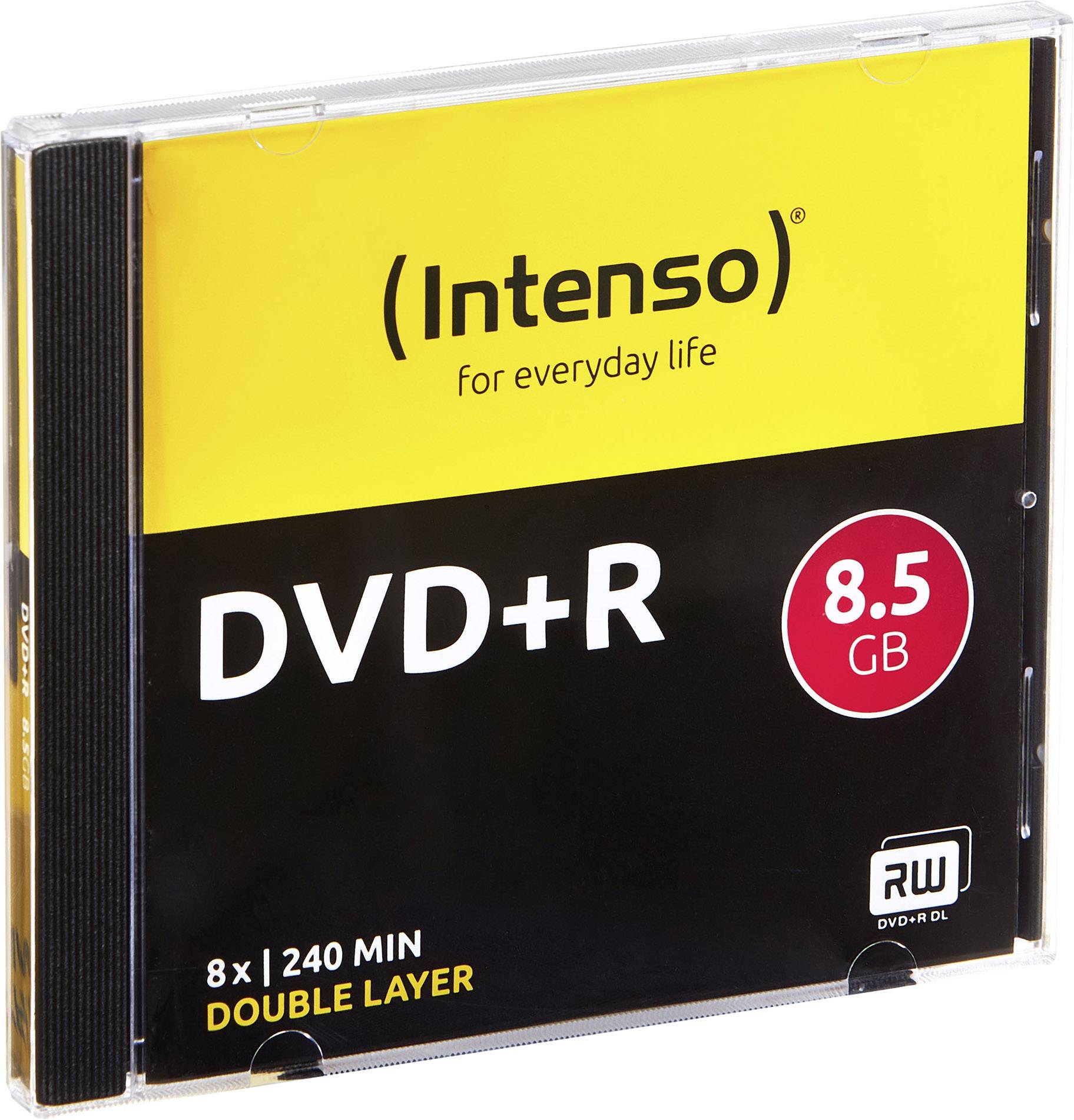 DVD v obalu od Intenso s nápisem 'DVD+R 8,5 GB, 8x 240 MIN, DOUBLE LAYER', pod textem 'pro každodenní život'.