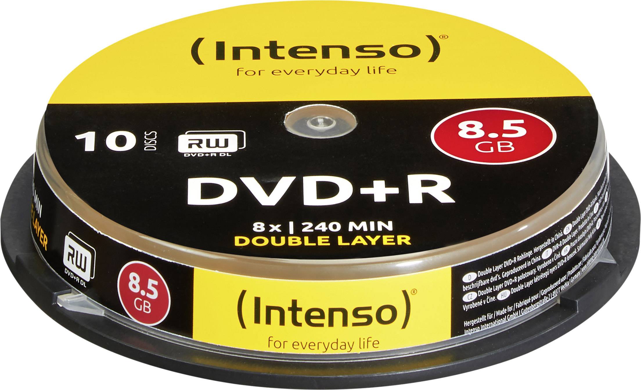 Balení s deseti DVD+R disky Intenso, oboustranné (dual layer), každý s kapacitou 8,5 GB a rychlostí záznamu 8x.