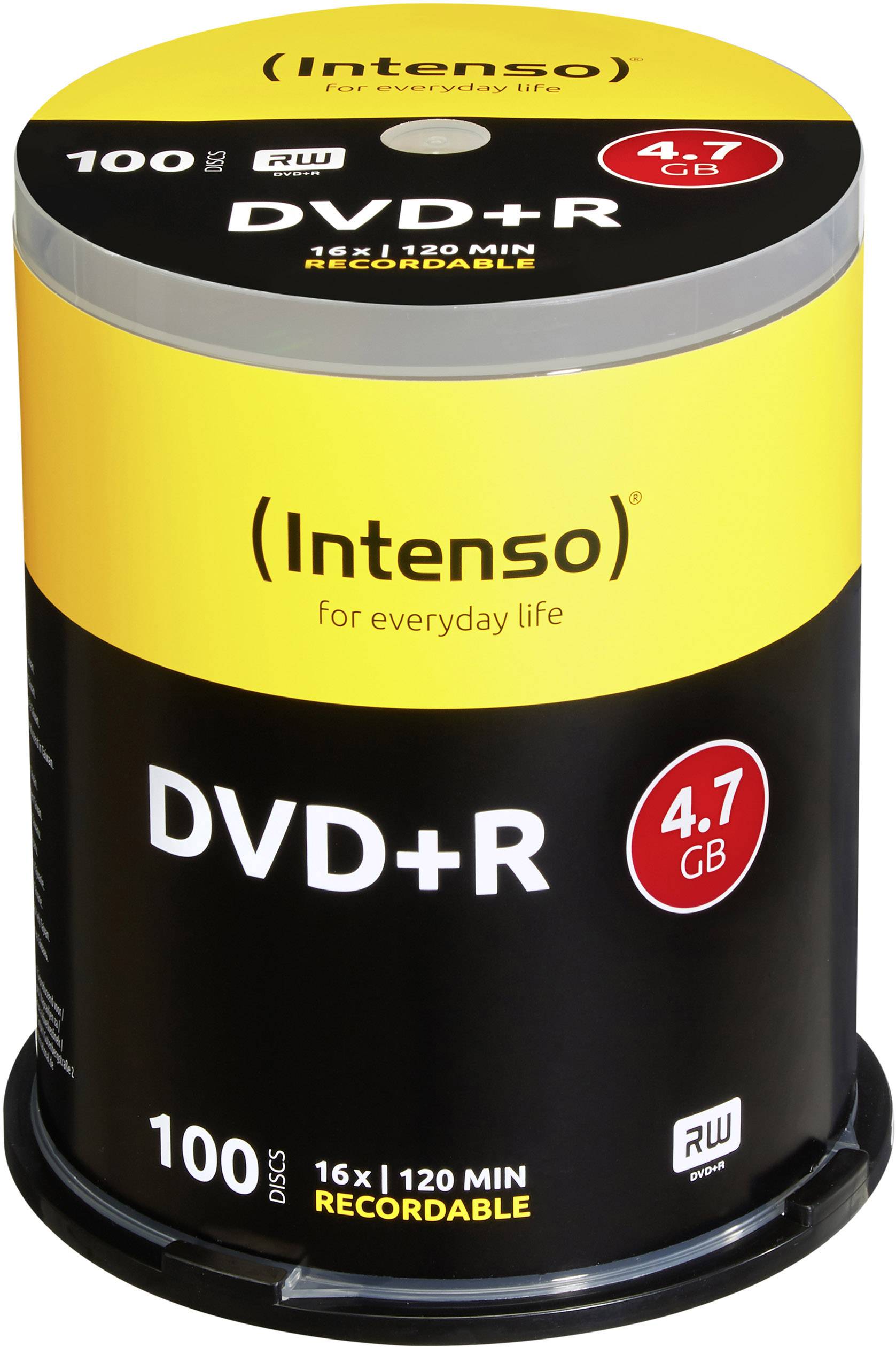 Balení 100 kusů prázdných DVD+R disků Intenso, 4,7 GB, 16x rychlost, doba nahrávání 120 minut, vhodné pro nahrávání a ukládání dat.