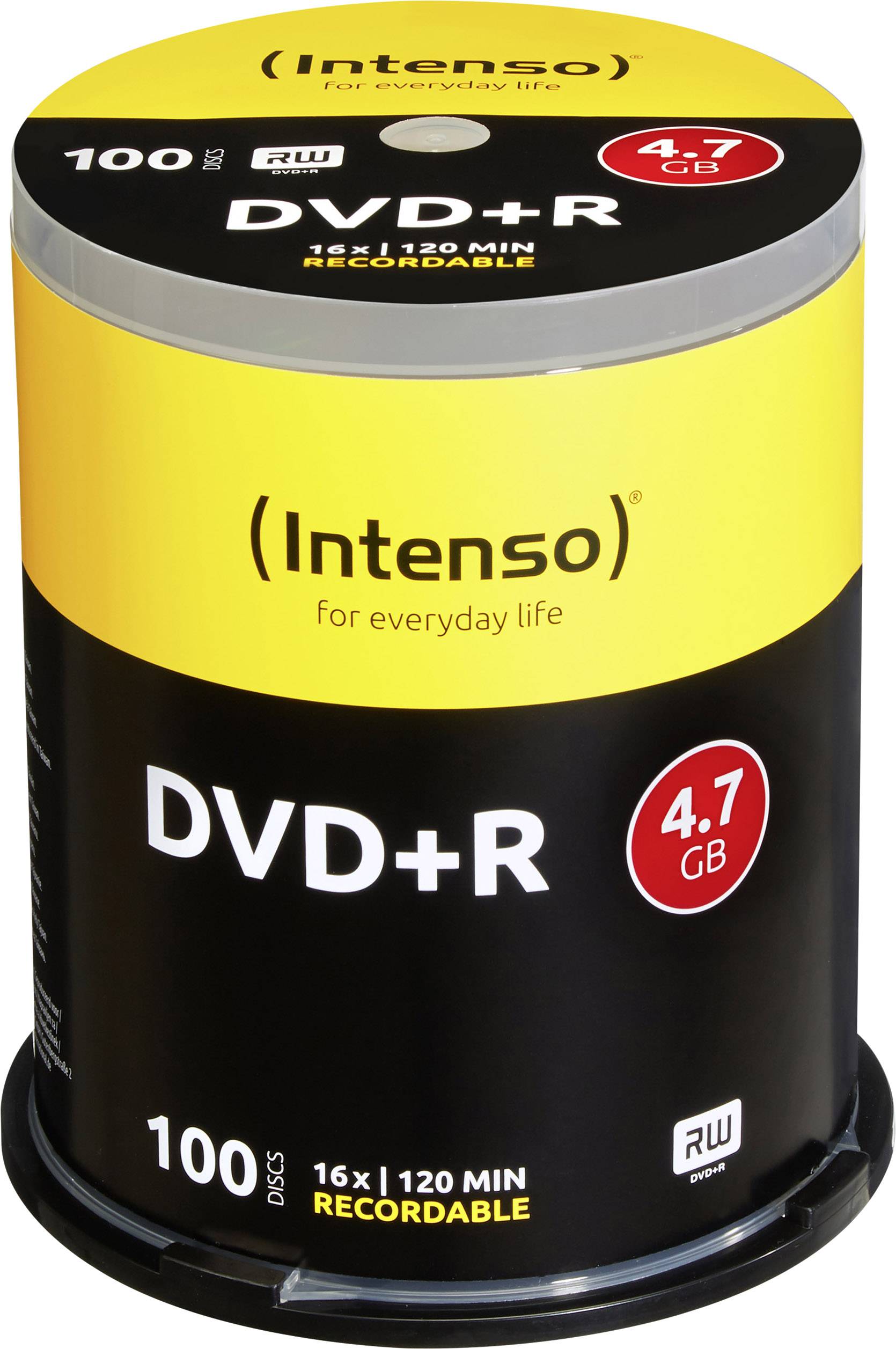 Balení 100 ks DVD+R disků Intenso, 4,7 GB úložného prostoru na disk, vhodné pro nahrávky až 120 minut, přepisovatelné, rychlost až 16x.