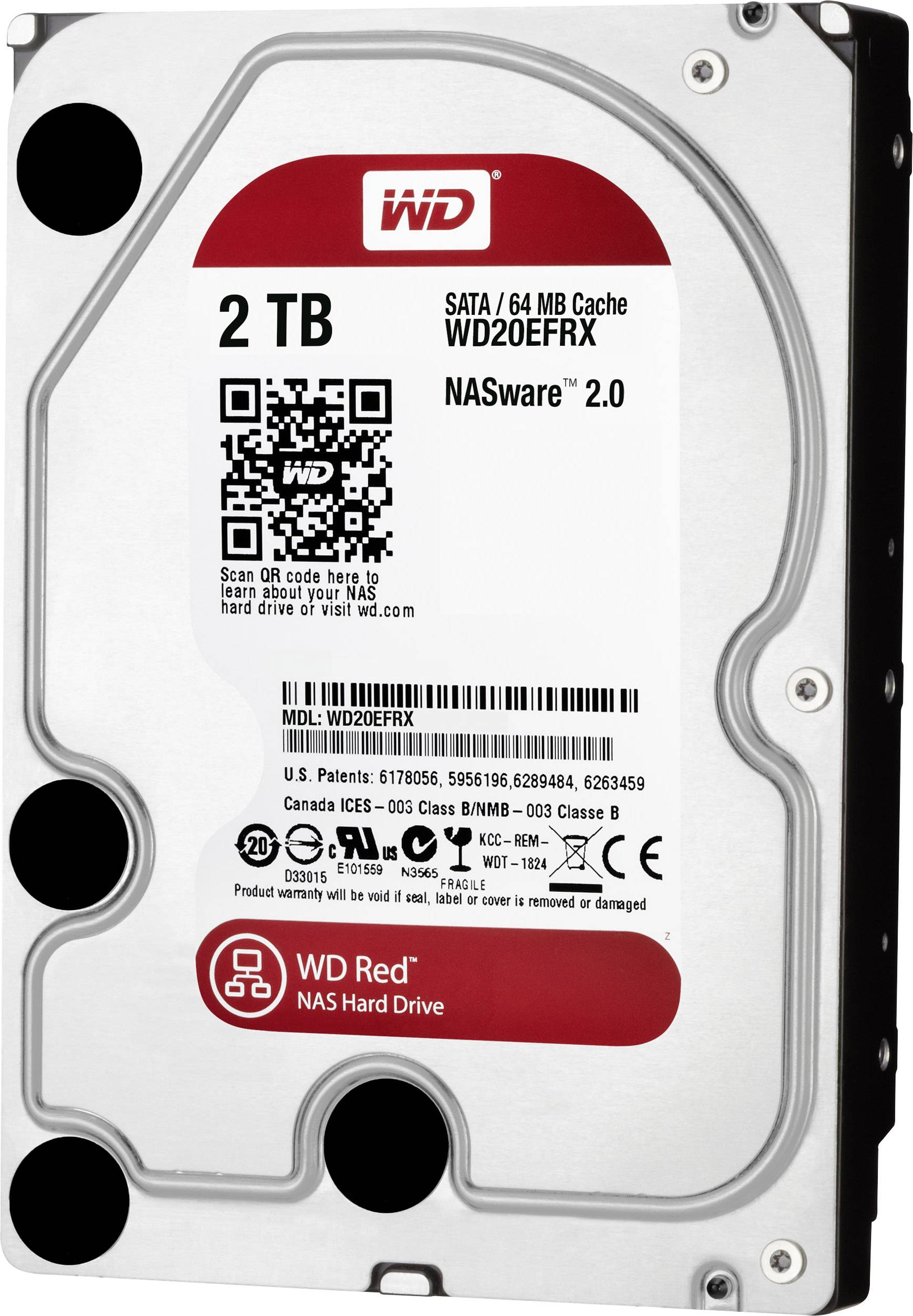 Pevný disk s kapacitou 2 TB, rozhraní SATA/mezipaměť 64 MB, ideální pro NAS systémy. Model: WD Red. Obsahuje QR kód pro další informace.