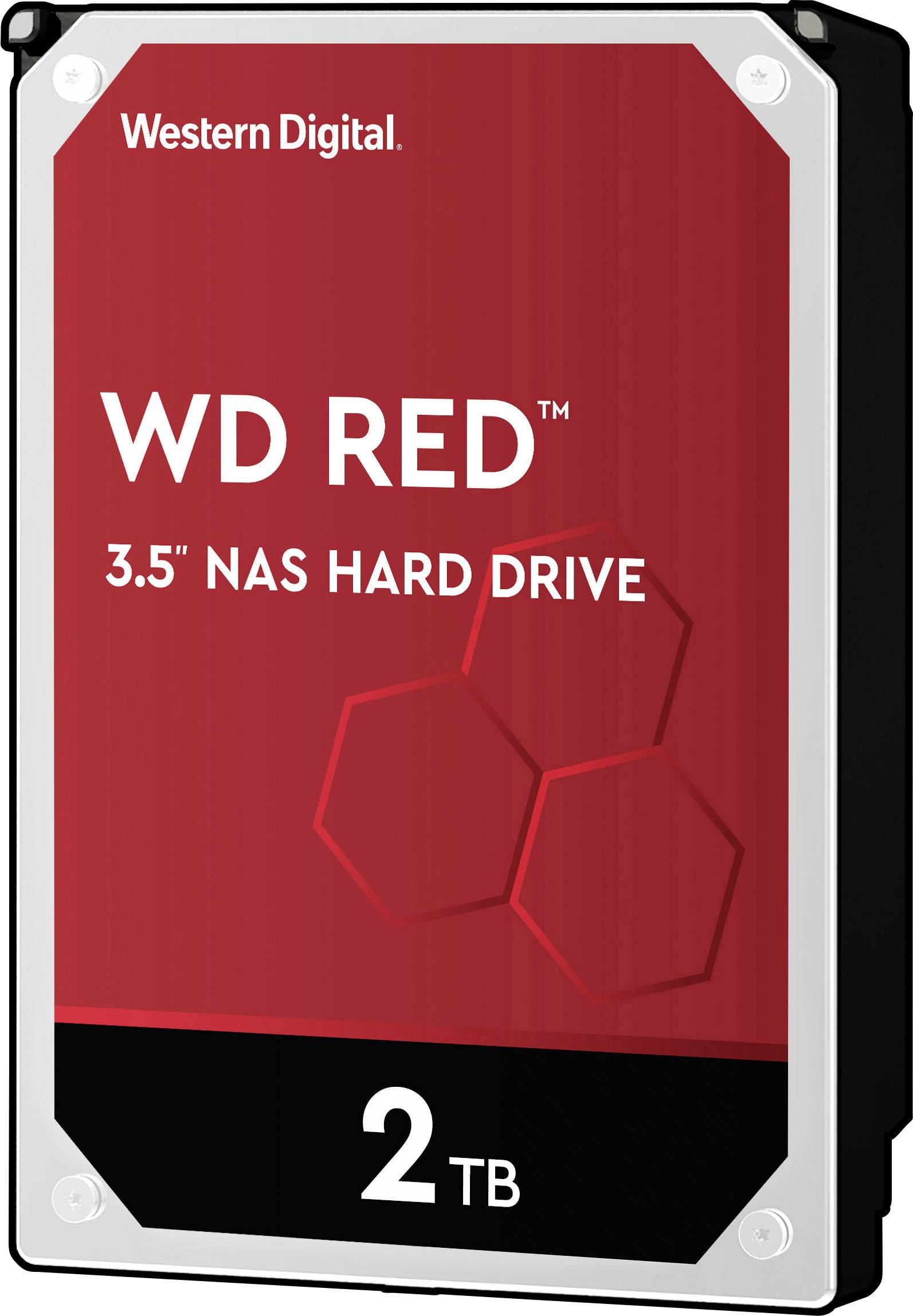 Červený kryt disku 'WD RED 3.5" NAS HARD DRIVE' od Western Digital s kapacitou 2 TB.
