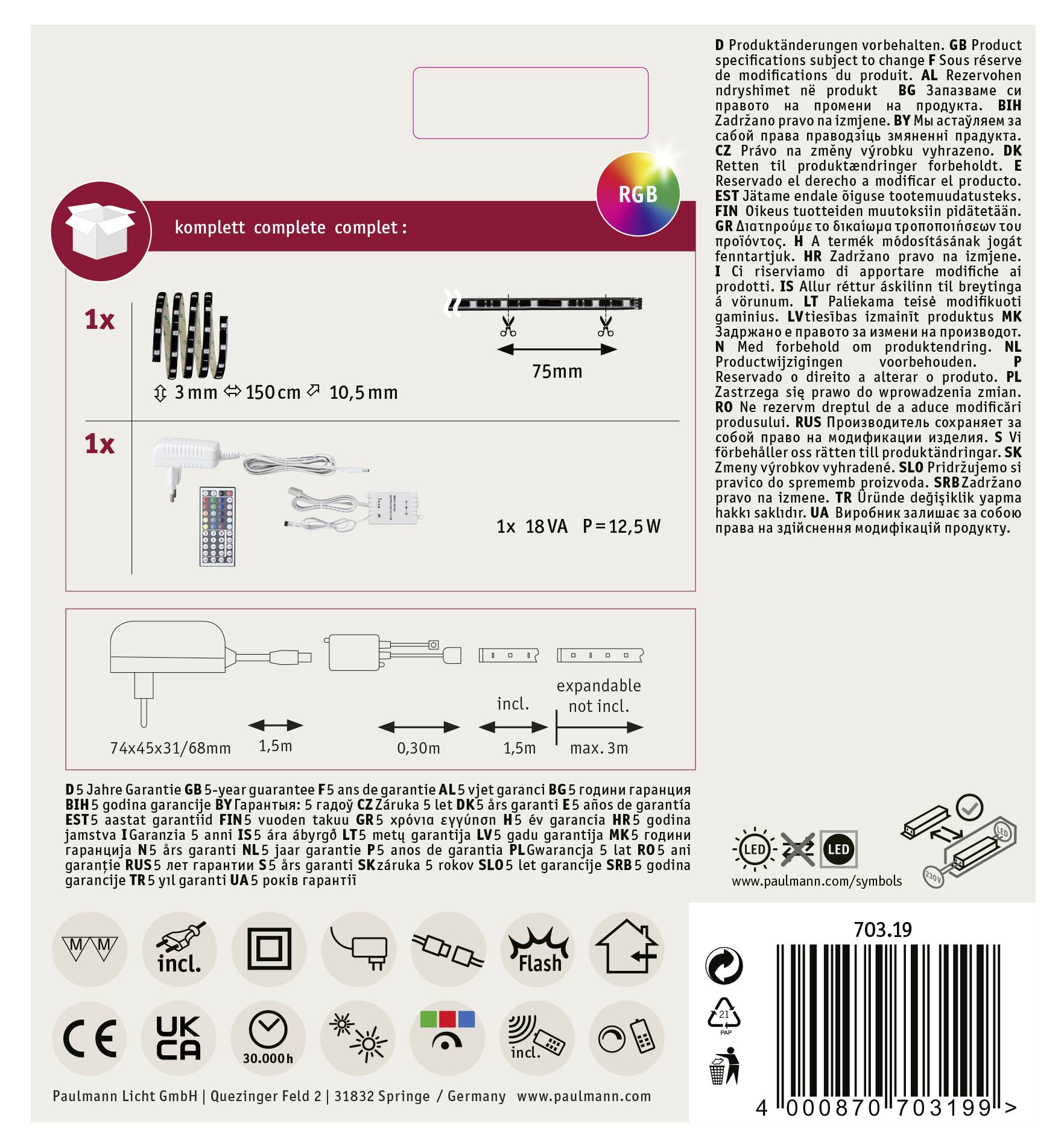 Sada RGB LED pásků, 3 kusy po 150 cm, včetně dálkového ovládání a napájecího zdroje. Rozšířitelné až na 10 m, IP20, 18W, 12,5V.