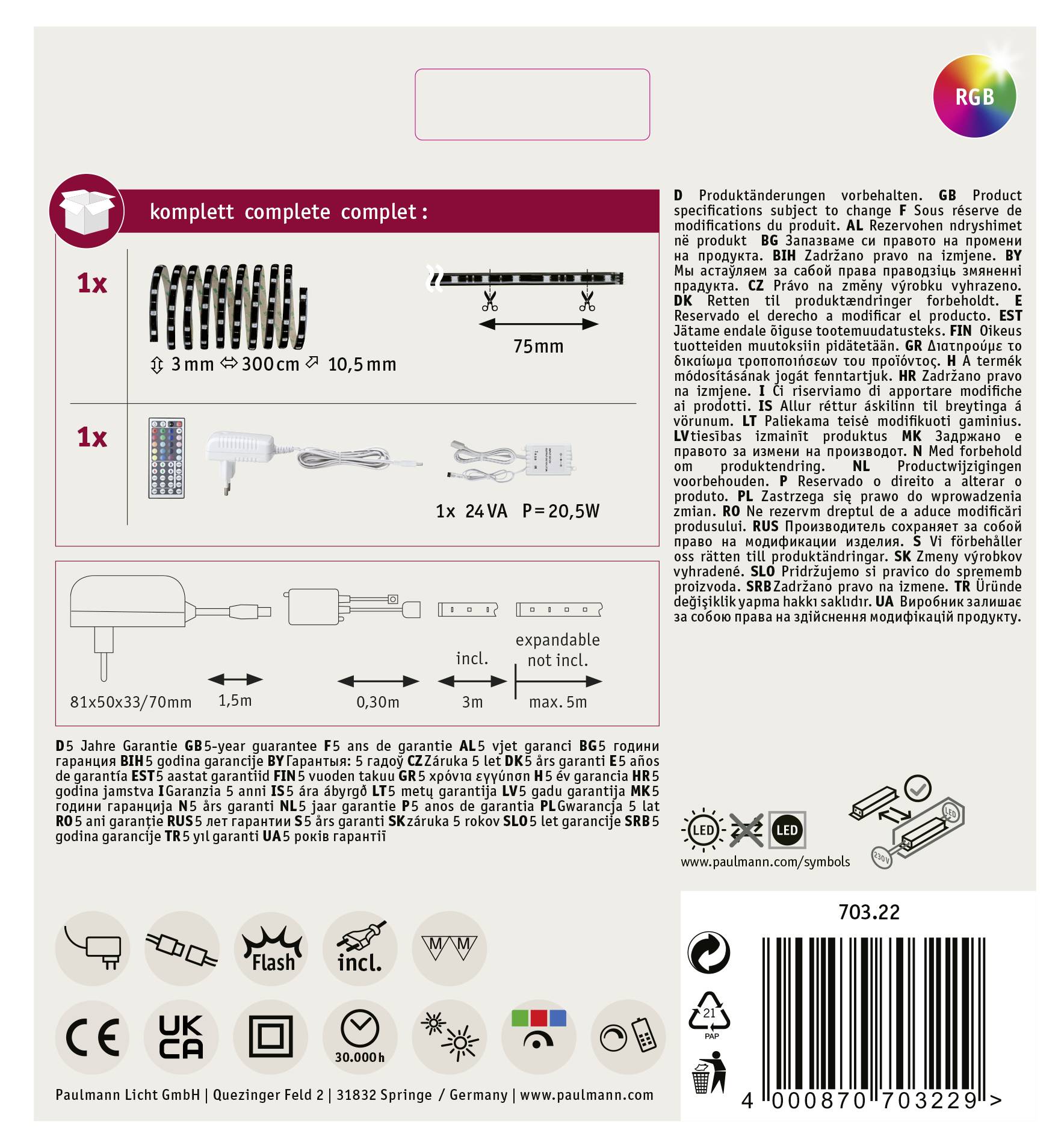 'RGB LED sada: 1x LED pásek (75mm), 1x napájecí zdroj (24VA). Detaily produktu na zadní straně. Rozšířitelné až do 3m. Záruka 5 let.'
