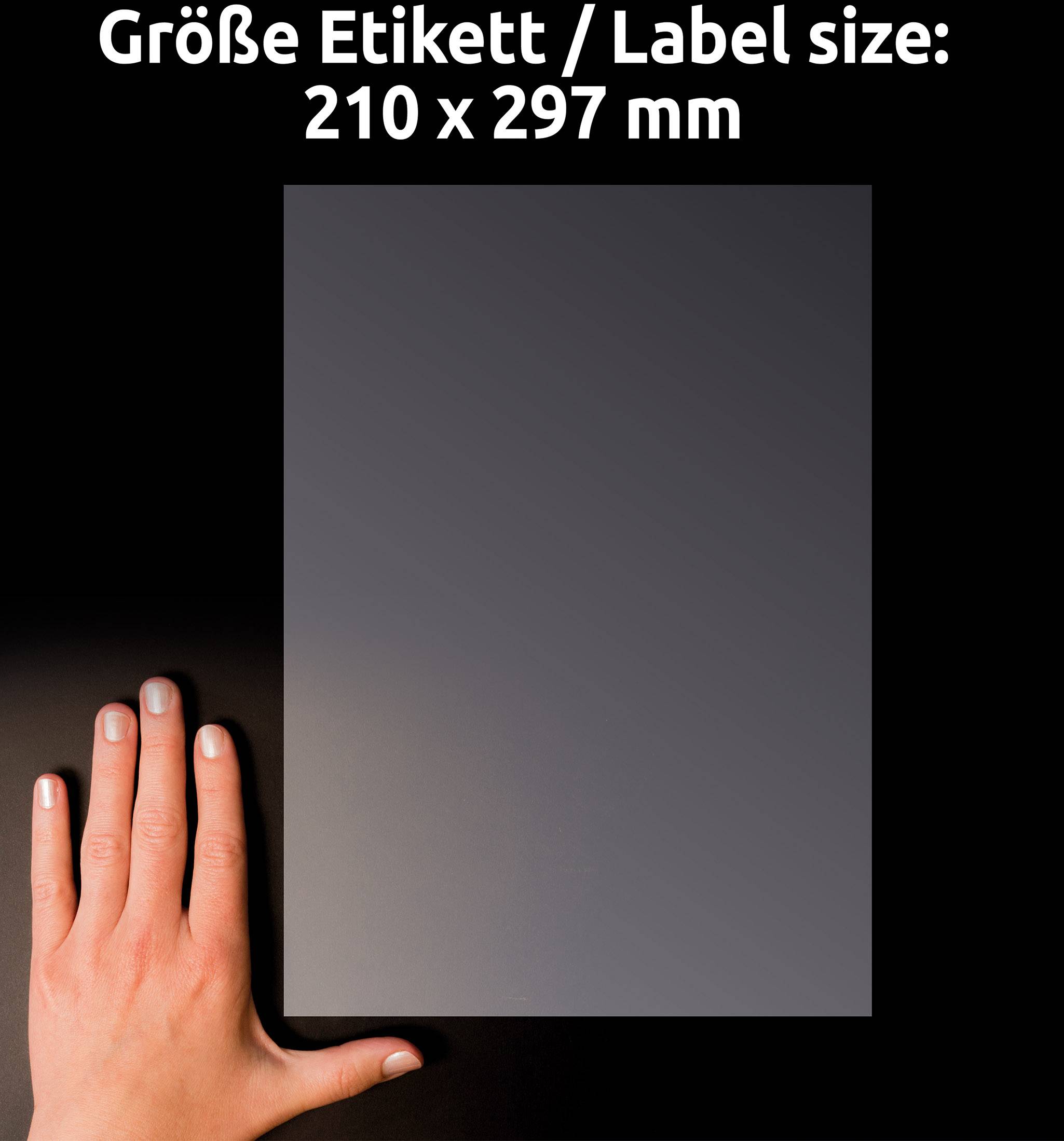 Jedna ruka porovnává velikost štítku s rozměry 210 x 297 mm.