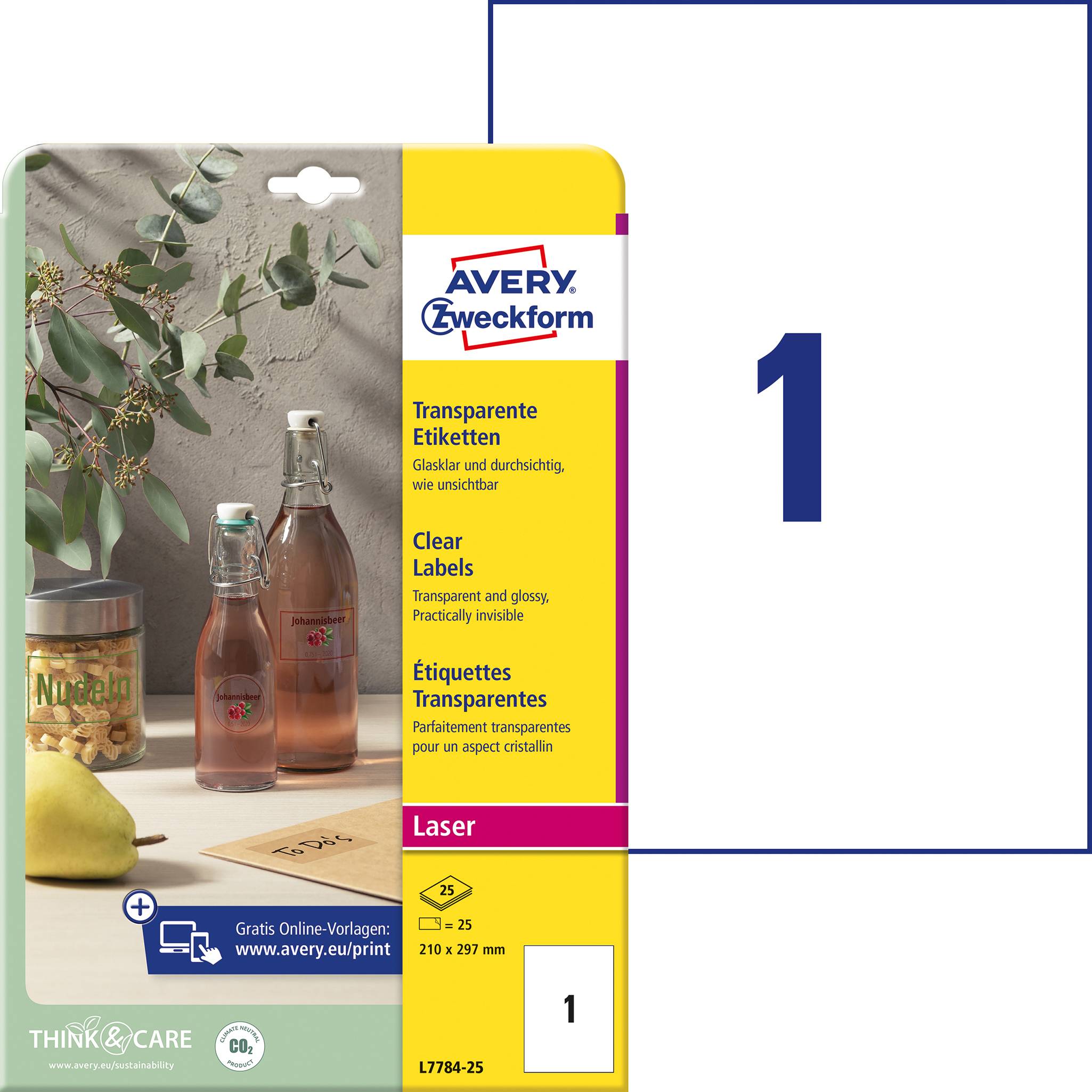 Avery Zweckform balení etiket s transparentními štítky pro laserové tiskárny, formát 210 x 297 mm, 1 štítek na list.