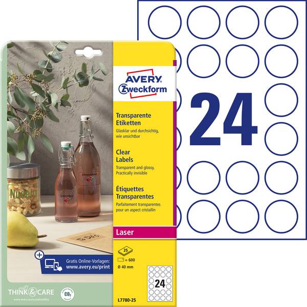 Avery-Zweckform L7780-25 Fóliové etikety  Ø 40 mm poylesterová fólie transparentní 600 ks trvalé barevná laserová tiskárna, laserová tiskárna, ruční popis