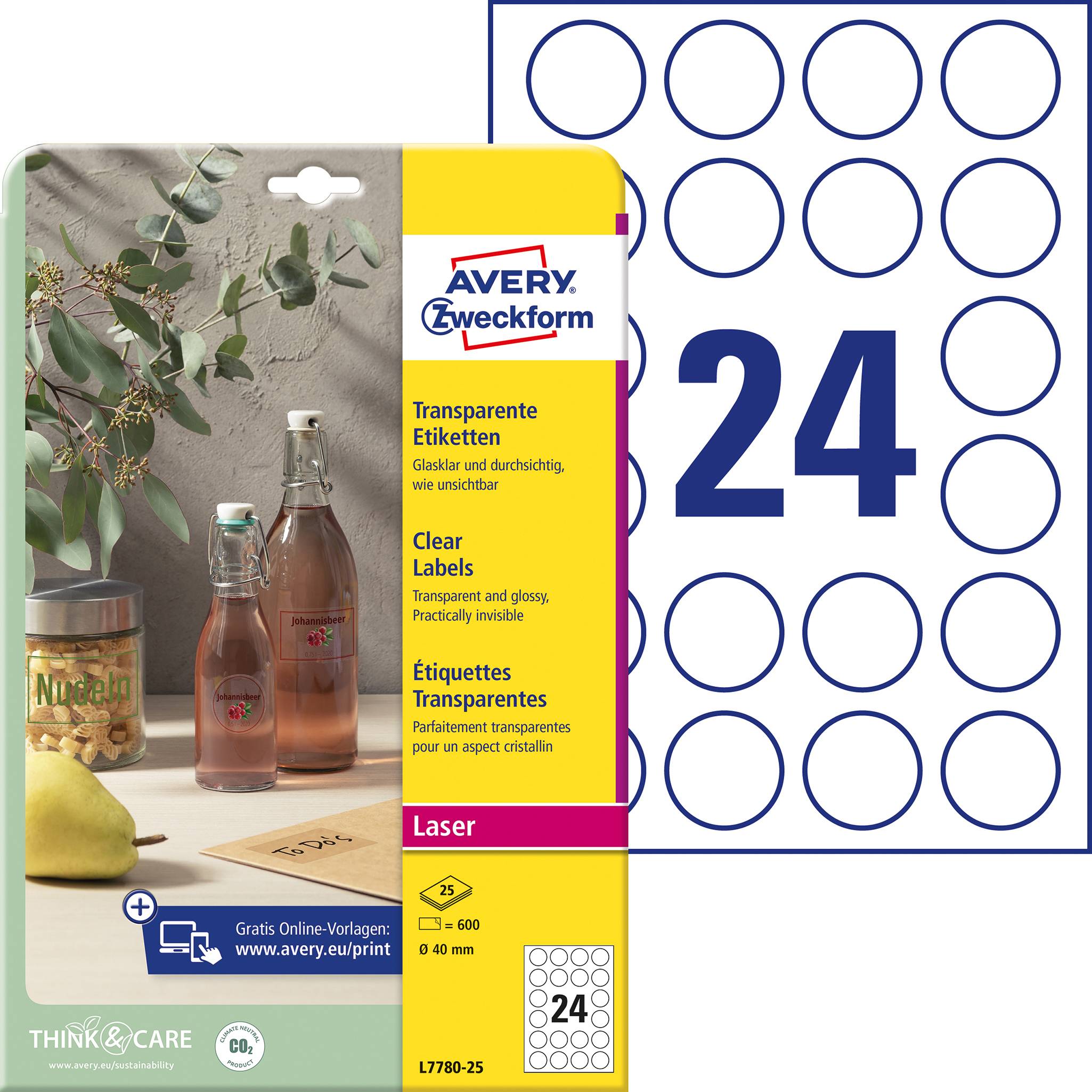 Transparentní štítky od Avery Zweckform, 24 na list. Na obrázku jsou dvě láhve a sklenice Nutelly na stole.
