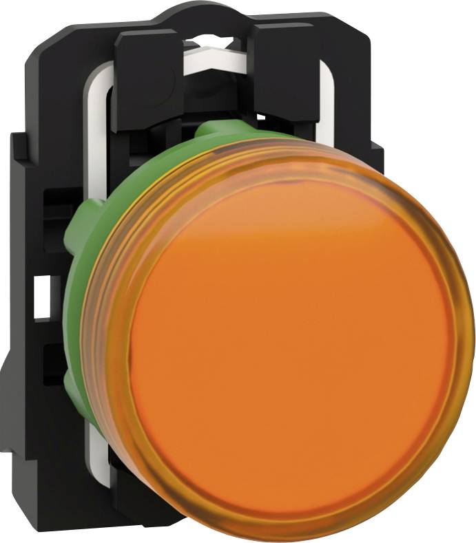 Velký, kulatý, oranžový tlačný spínač na černém podstavci, používaný k ovládání v elektrických nebo mechanických systémech.