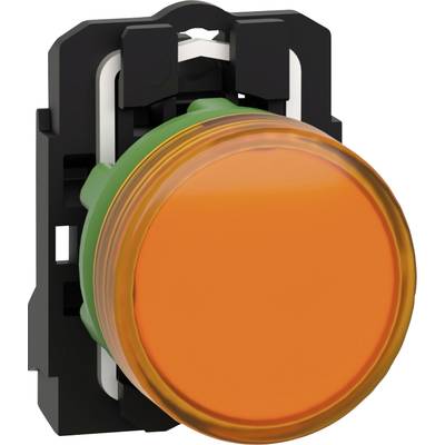 Velký, kulatý, oranžový tlačný spínač na černém podstavci, používaný k ovládání v elektrických nebo mechanických systémech.
