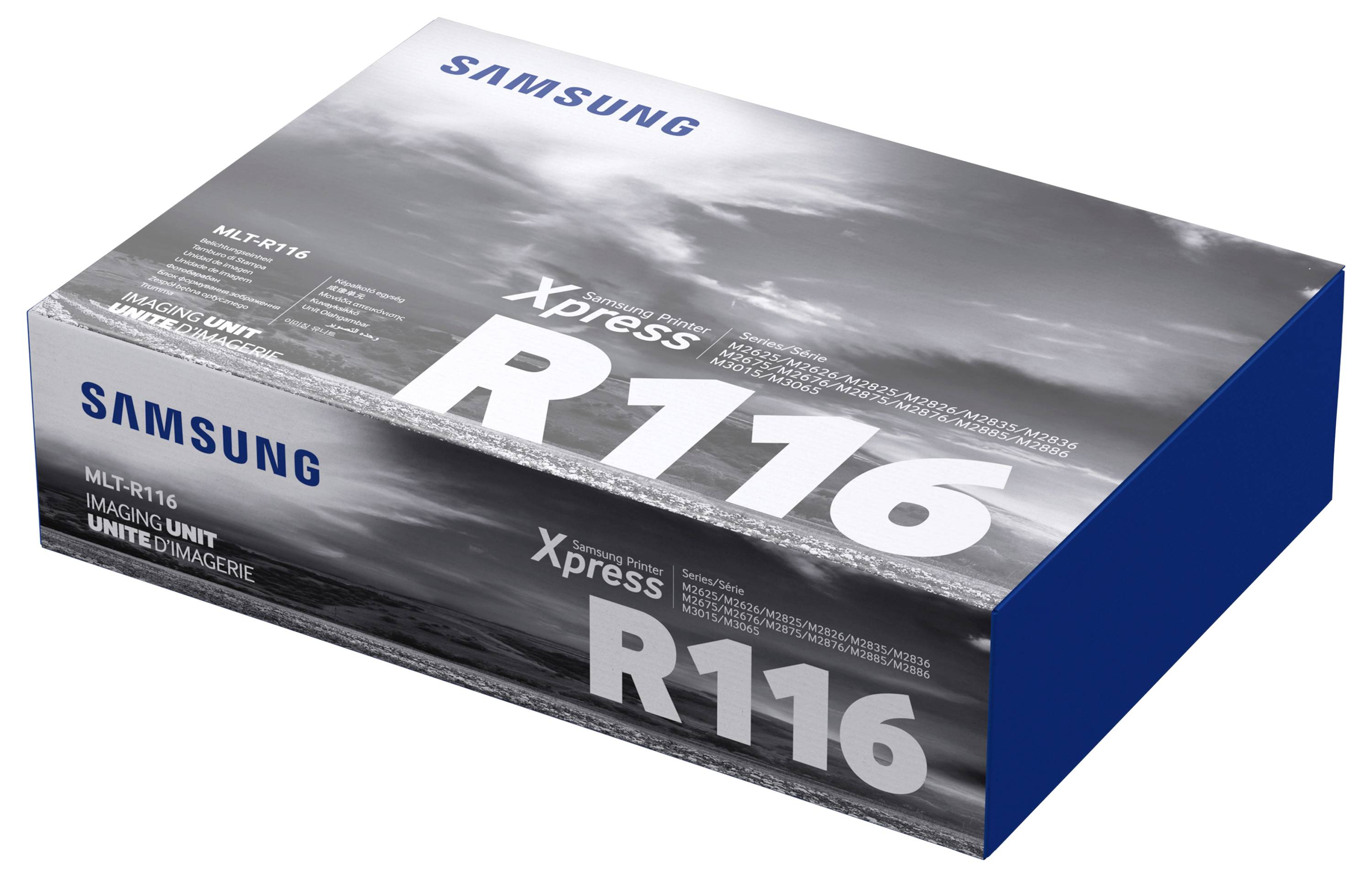 Krabice jednotky tiskového bubnu tiskárny Samsung Xpress R116, zobrazená v perspektivě s názvem produktu a číslem modelu na obalu.