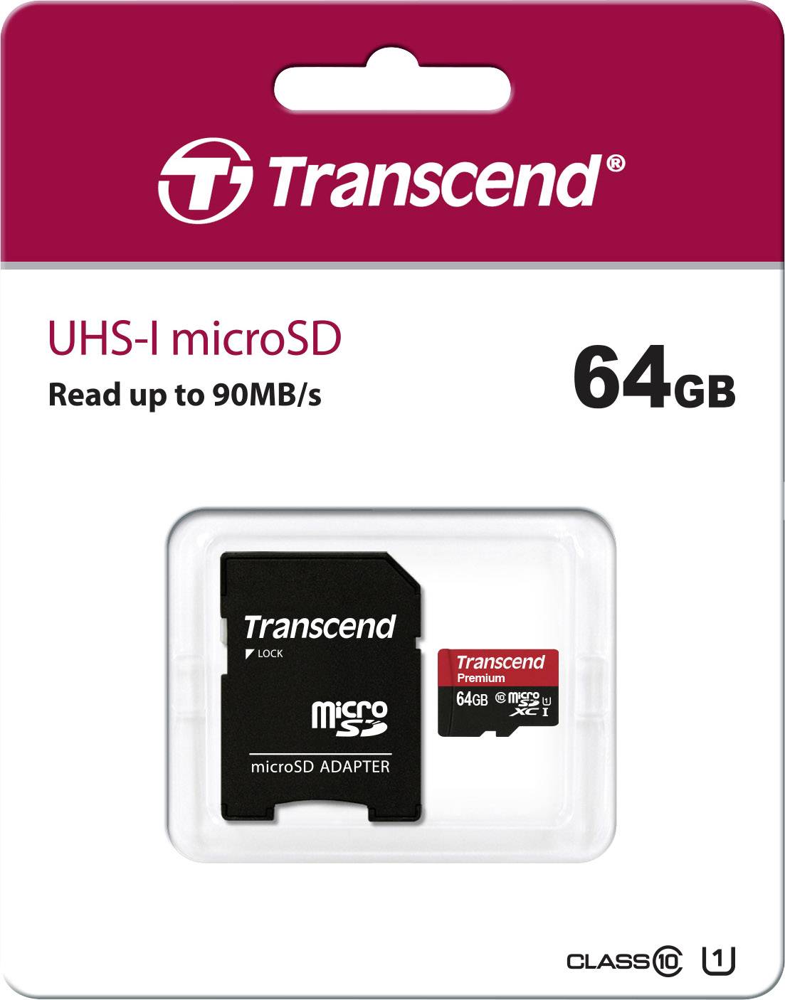 Paměťová karta Transcend UHS-I microSD 64GB v balení, s maximální rychlostí čtení až 90 MB/s, včetně microSD adaptéru.