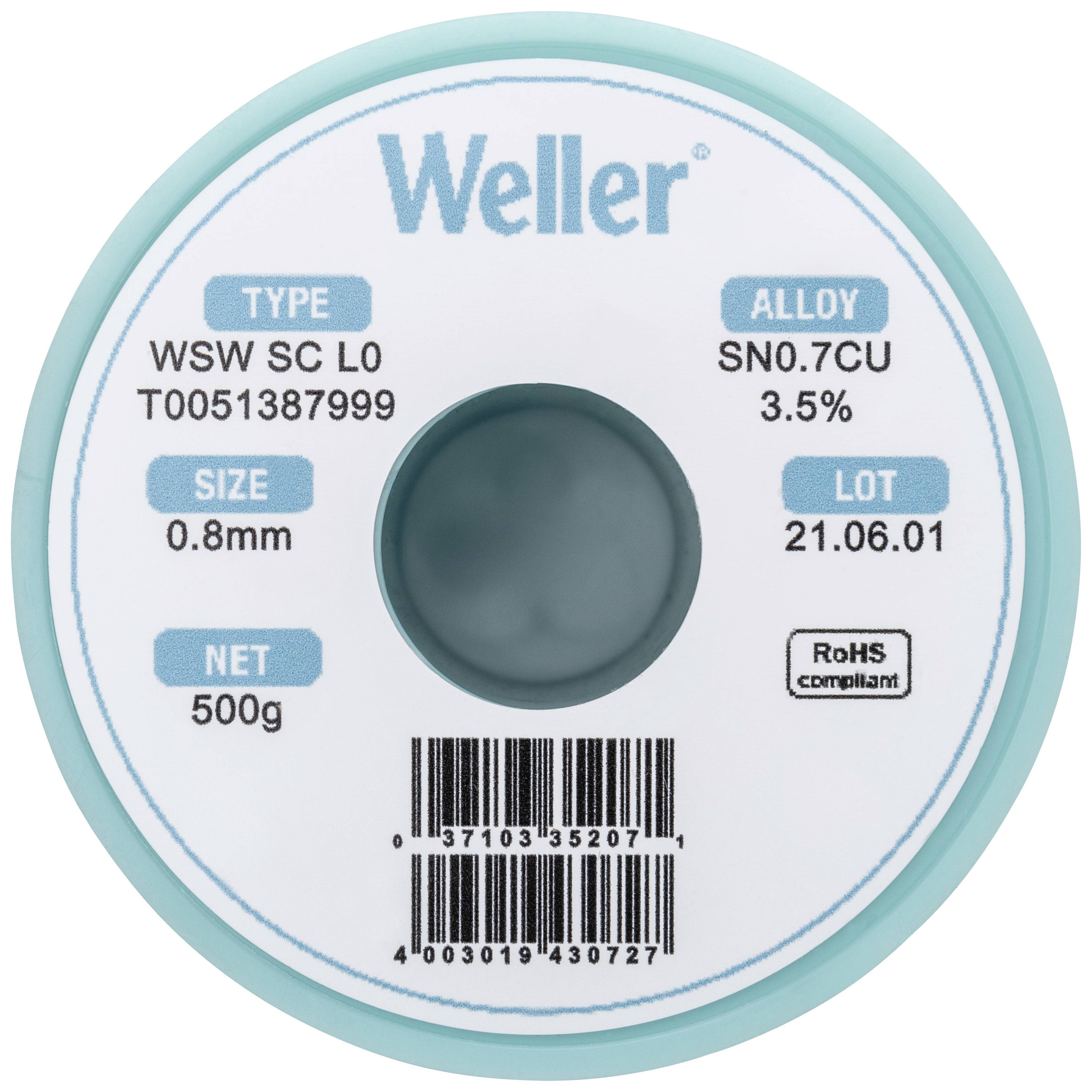 Cínová pájka 'Weller' s typem WSW SC L0, slitina SN0.7CU 3.5%, průměr 0,8 mm, hmotnost 500 g, číslo šarže 21.06.01, kompatibilní s RoHS.