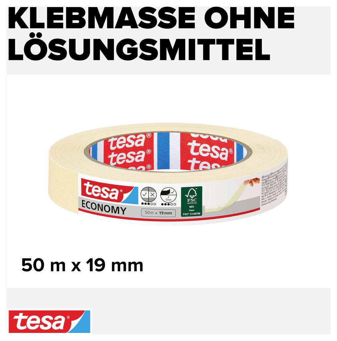 "Lepicí hmota bez rozpouštědel" je napsáno nahoře. Pod tím je role bílé lepicí pásky Tesa Economy, 50 m x 19 mm.