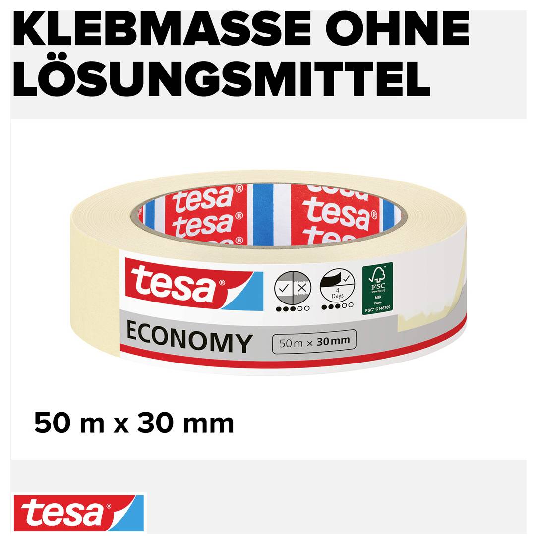 'Lepicí hmota bez rozpouštědel' vedle role lepicí pásky Tesa, 50 m x 30 mm, název produktu 'Economy'.