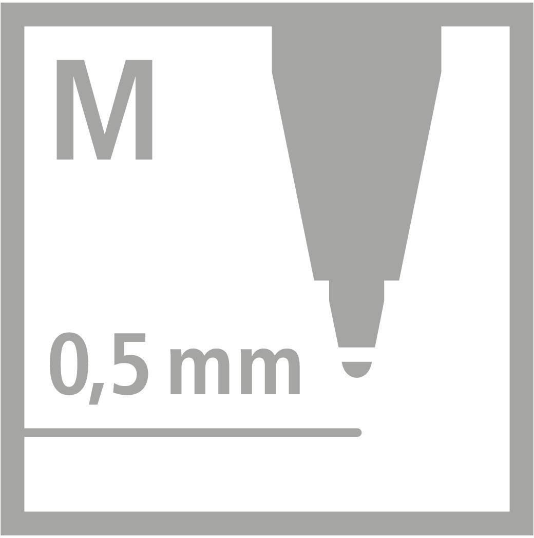 Obrázek ukazuje špičku tužky s nápisem 'M' a '0,5 mm', což značí střední tloušťku stopy tužky.