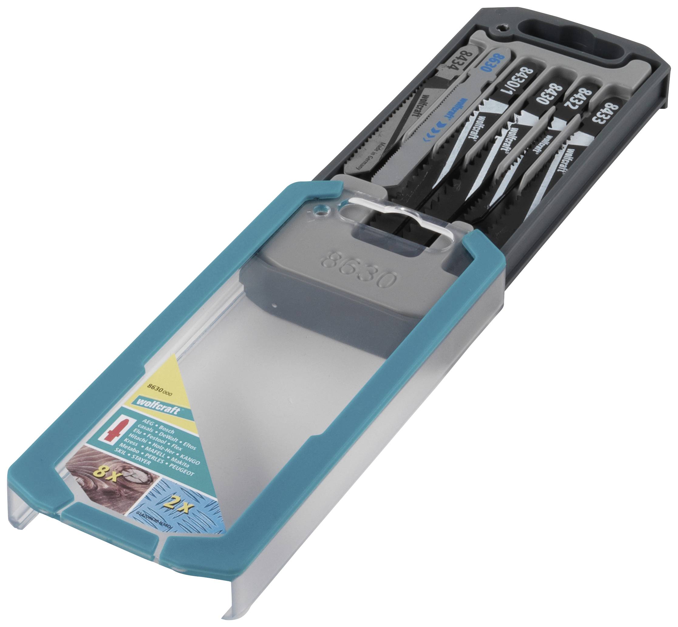 Balení s několika pilovými listy pro opracování dřeva, tříděné podle typu.