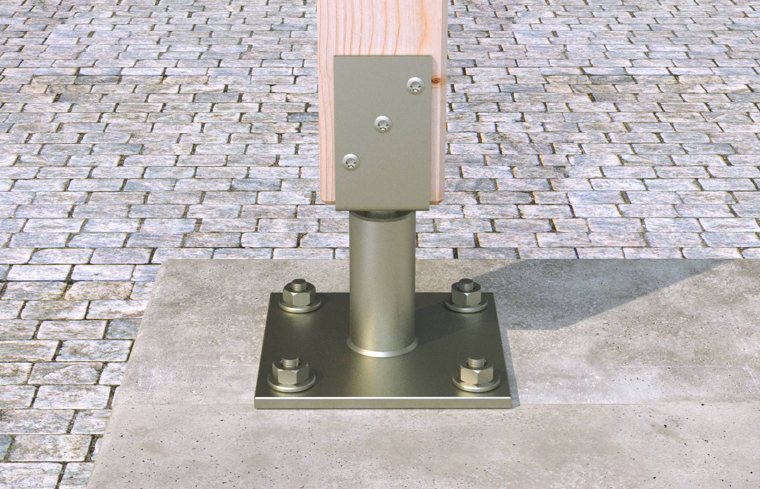 Základna dřevěného sloupu zajištěného šrouby na kovové desce zakotvené v betonovém povrchu venku.