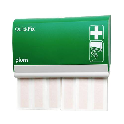 Zelený dávkovač náplastí s nápisem 'QuickFix' a 'plum' zobrazuje šest vyčnívajících náplastí připravených k okamžitému použití.