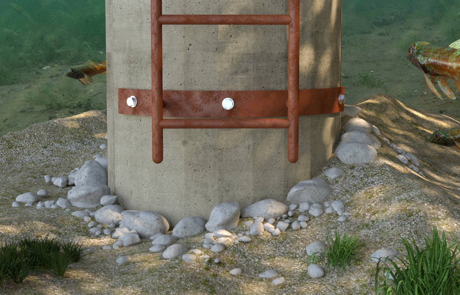Podvodní betonový sloup s rezavě červeným kovovým žebříkem, obklopený skálami a vodními rostlinami v mělké vodní nádrži.