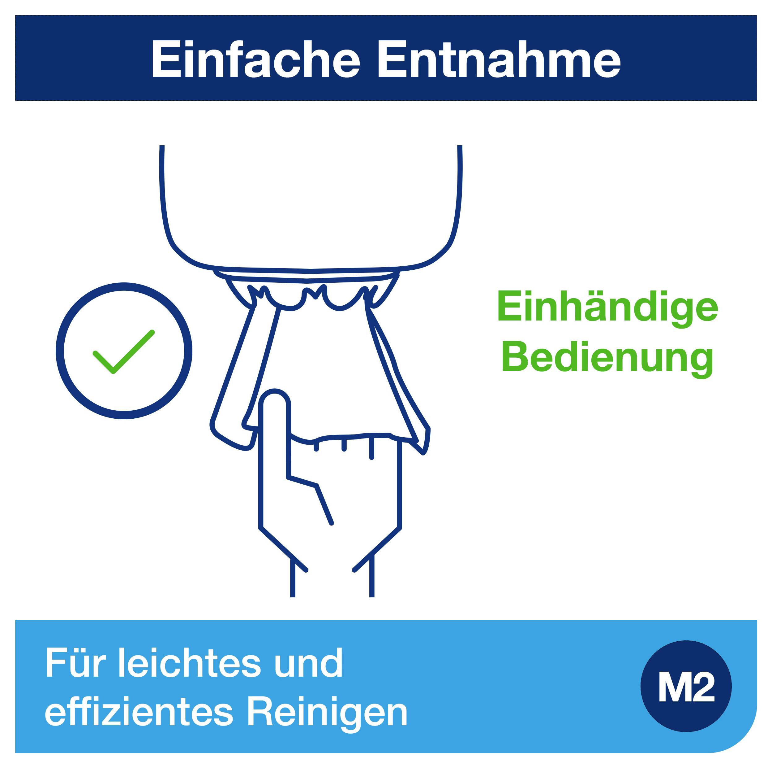 Infografika s ruční entnáhkou: 'Snadné vyjmutí', jednoruční ovládání, vhodné pro lehké a efektivní čištění; M2.