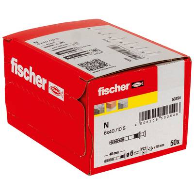 Červená krabice Red Fischer s 50 ks hmoždinek N 6x40/10 S na cihly, s označením produktu a čárovým kódem na přední straně a horní straně.