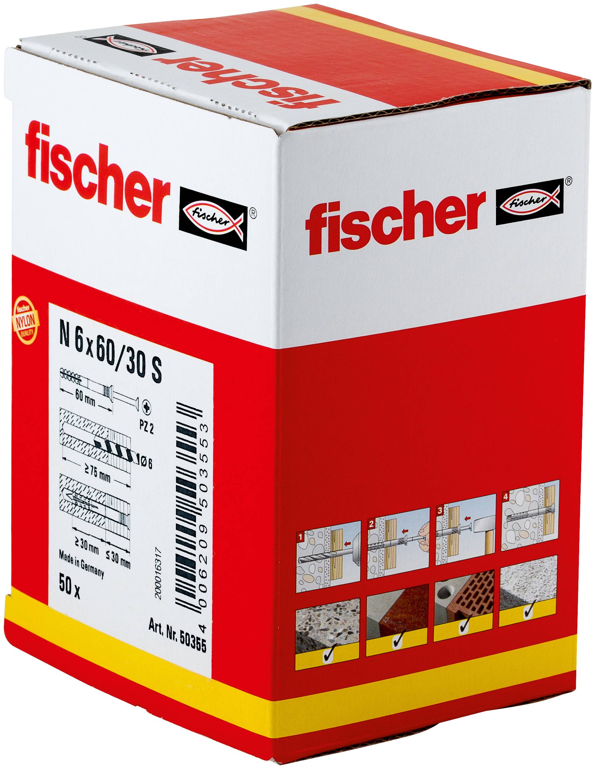Fotografie krabice Fischer s nástěnnými kotvami/zásuvkami označené 'N 6x60/30 S' s produktovým diagramem a množstvím 50 na balení.