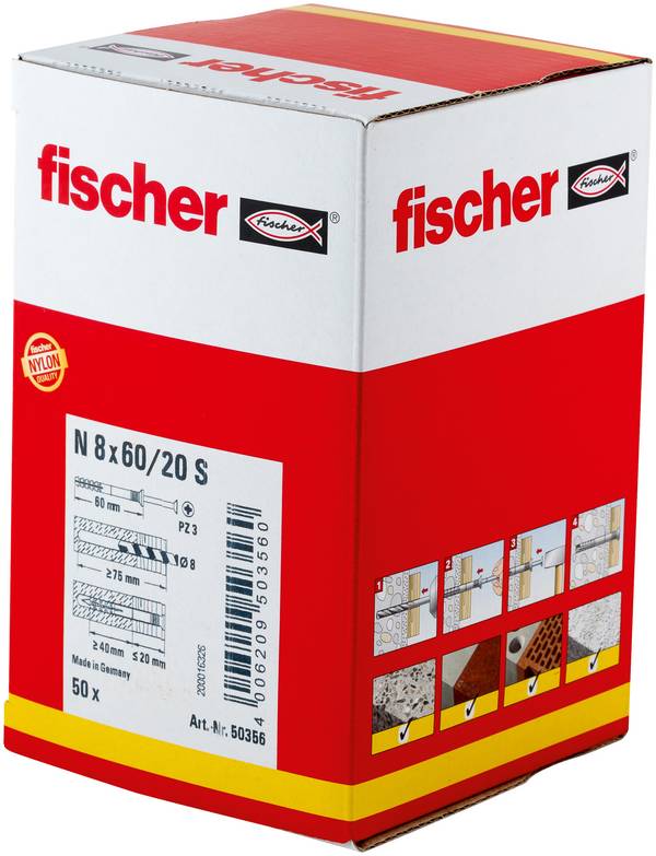 Fischer 50356 N 8 x 60/20 S hřebíková hmoždinka 60 mm 8 mm 50 ks