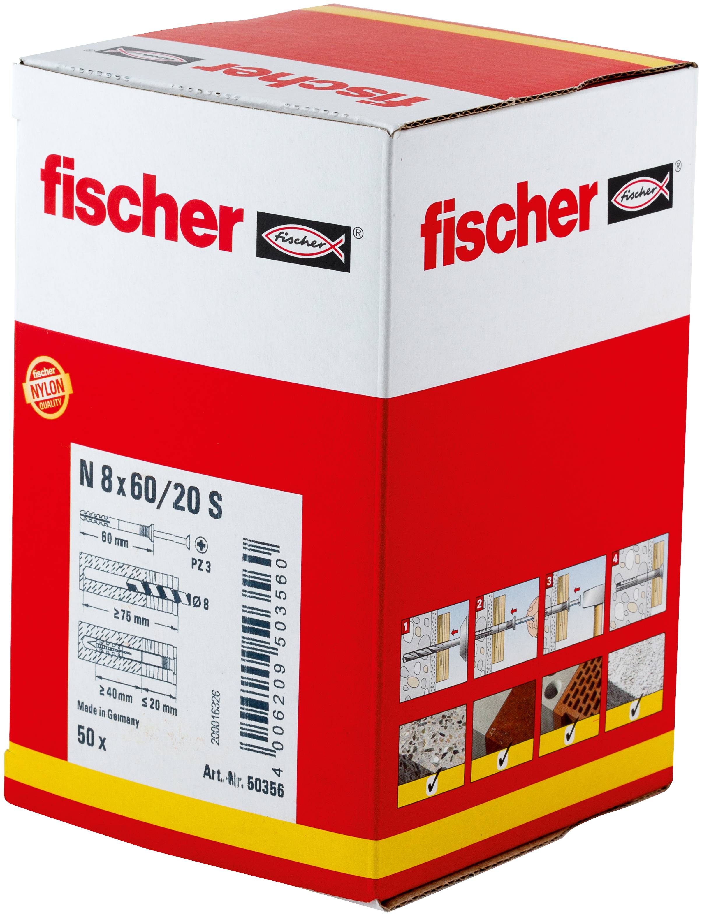 Červenobílá krabice Fischer s nylonové hmoždinkami, označená N 8x60/20 S, s ilustracemi produktu a balením po 50 kusech.