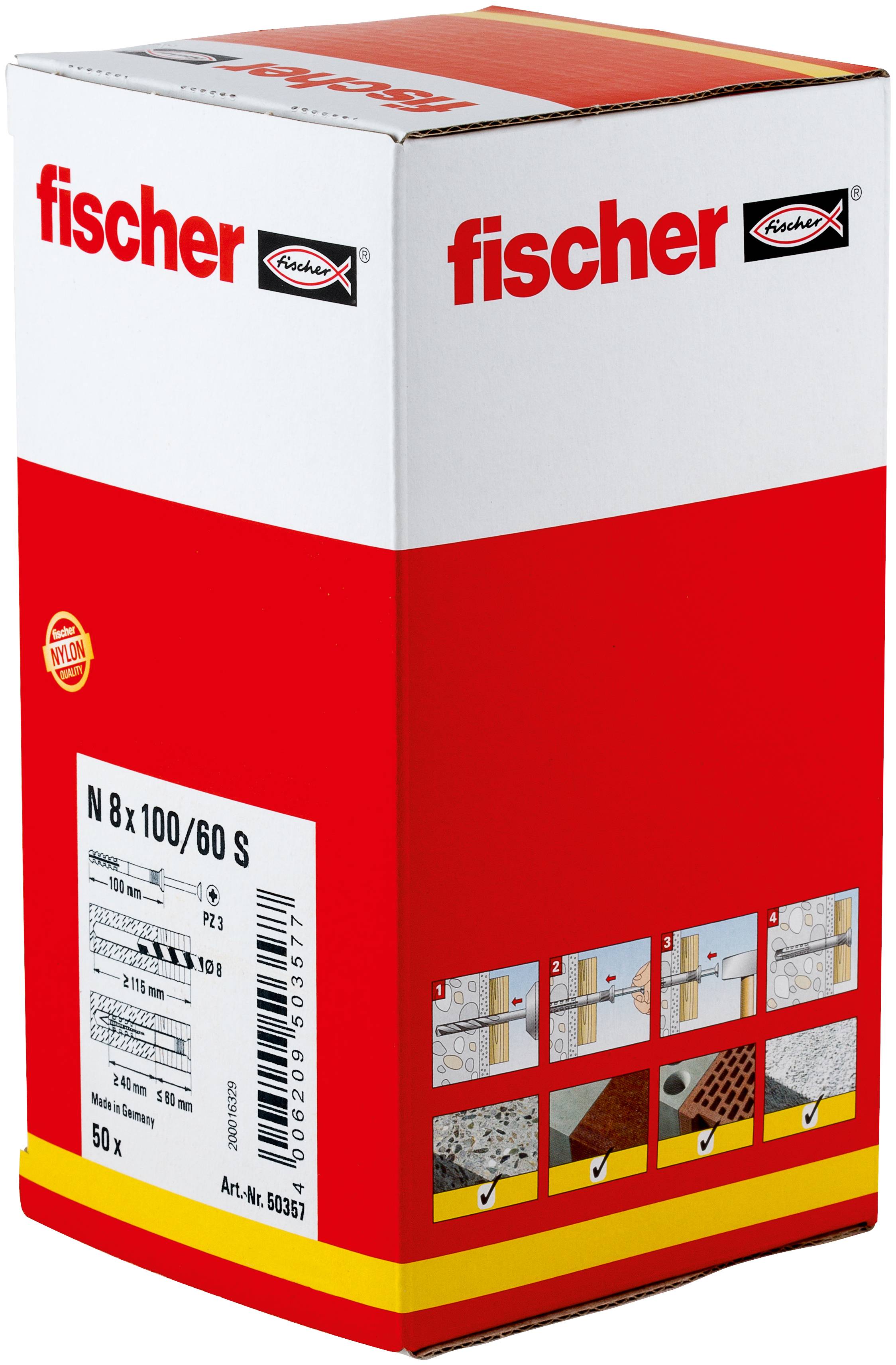 Krabice rozvojných hmoždinek Fischer značená 'N 8 x 100/60 S' s ilustracemi produktu a technickou specifikační nálepkou na přední straně.