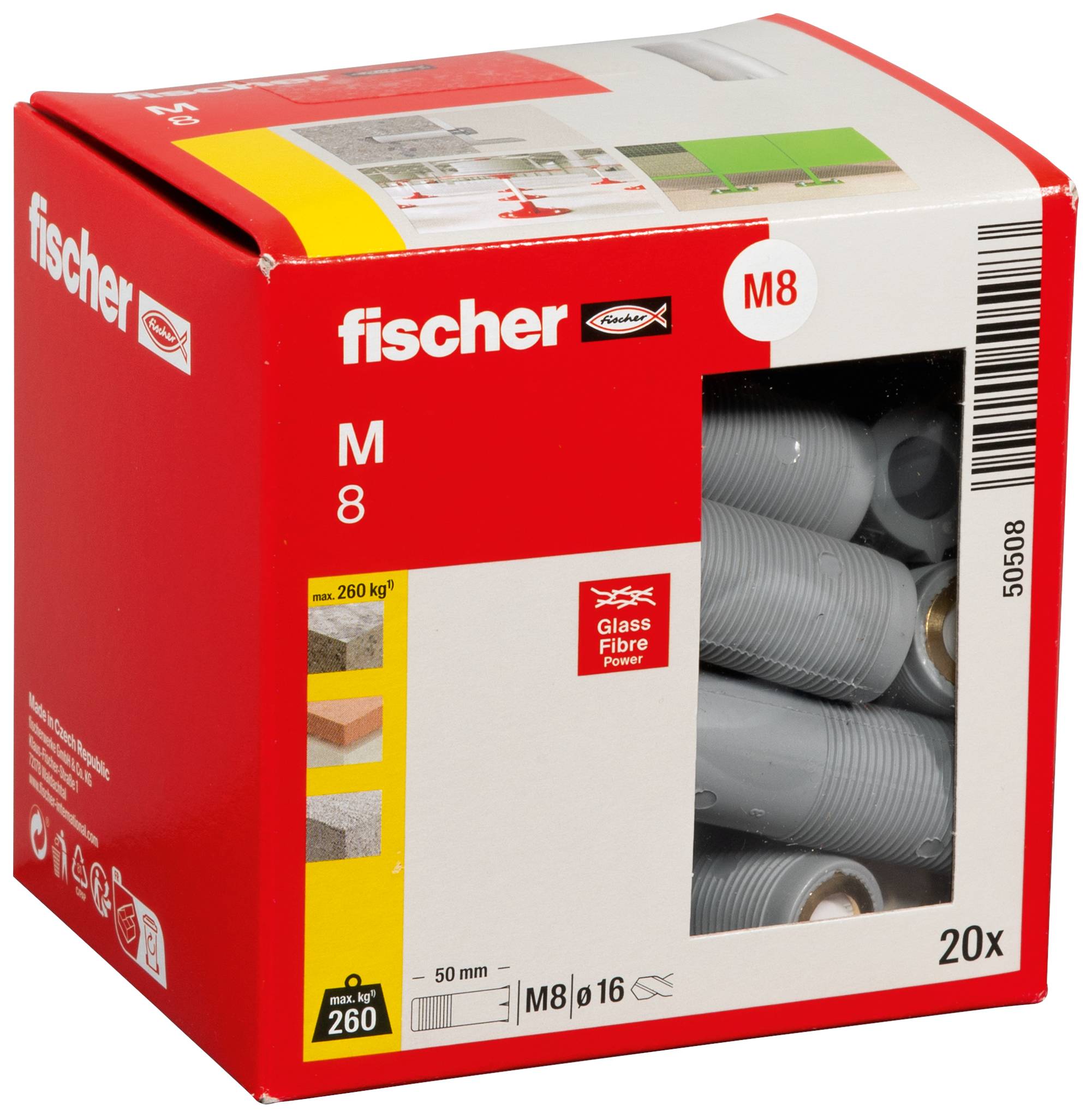 Sada zástrčky Fischer M8 do zdi v červeném balení s okénkem zobrazujícím šedé plastové hmoždiny; označená '20x' a 'max. 260 kg'.