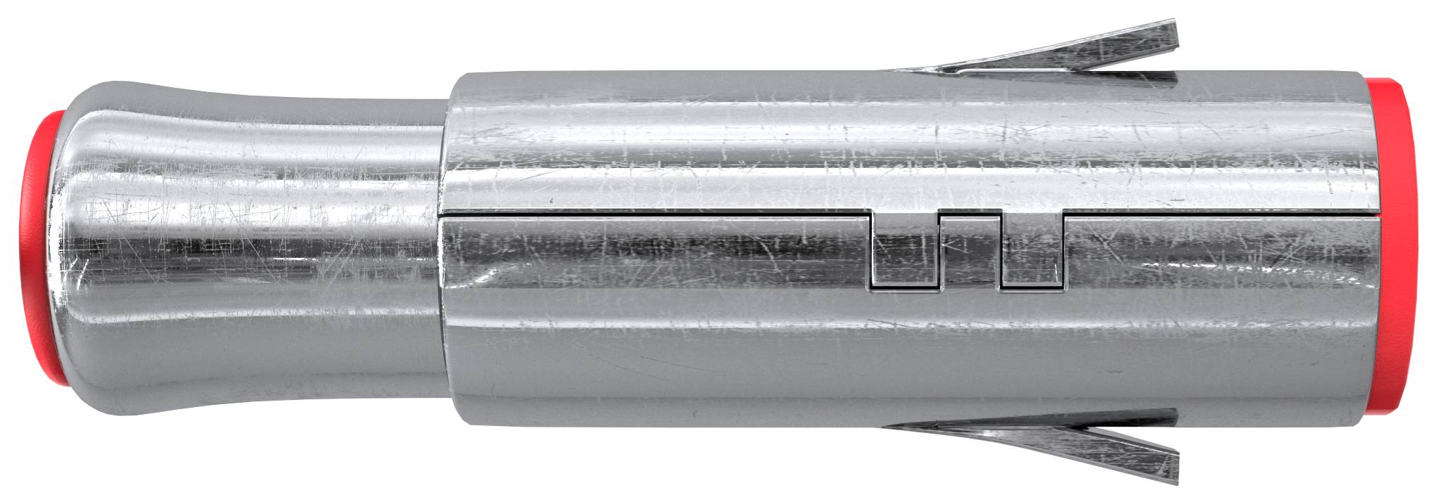 Lesklý kovový válcový průmyslový konektor s červenými koncovkami a malými bočními tabulátory, znázorněný na bílém pozadí.