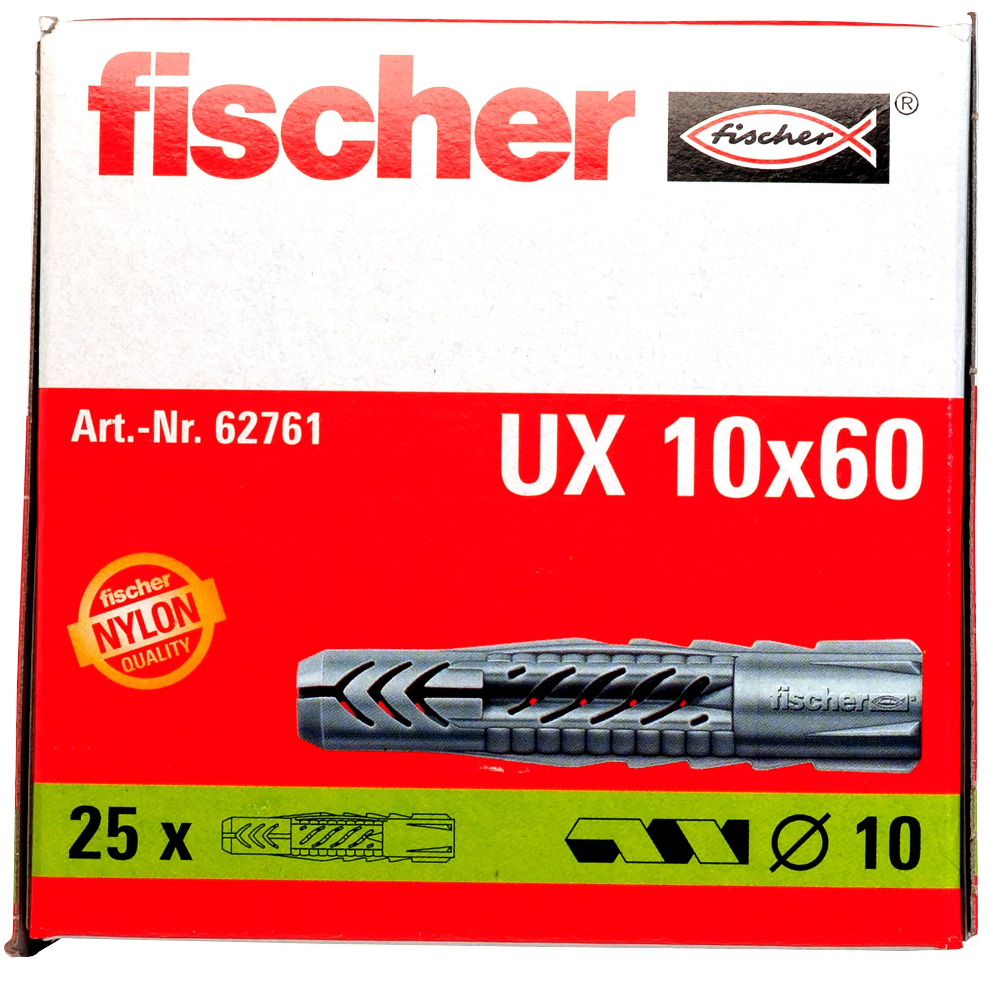 Balení nylonových hmoždin Fischer UX 10x60, Art.-č. 62761, 25 kusů, s obrázkem produktu a označením velikosti Ø10.