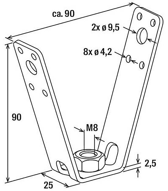 Nákres kovového úhelníku s rozměry: výška 90 mm, šířka 25 mm, s otvory pro šrouby (2x ø 9,5, 8x ø 4,2) a jeden šroub s metrickým závitem M8.