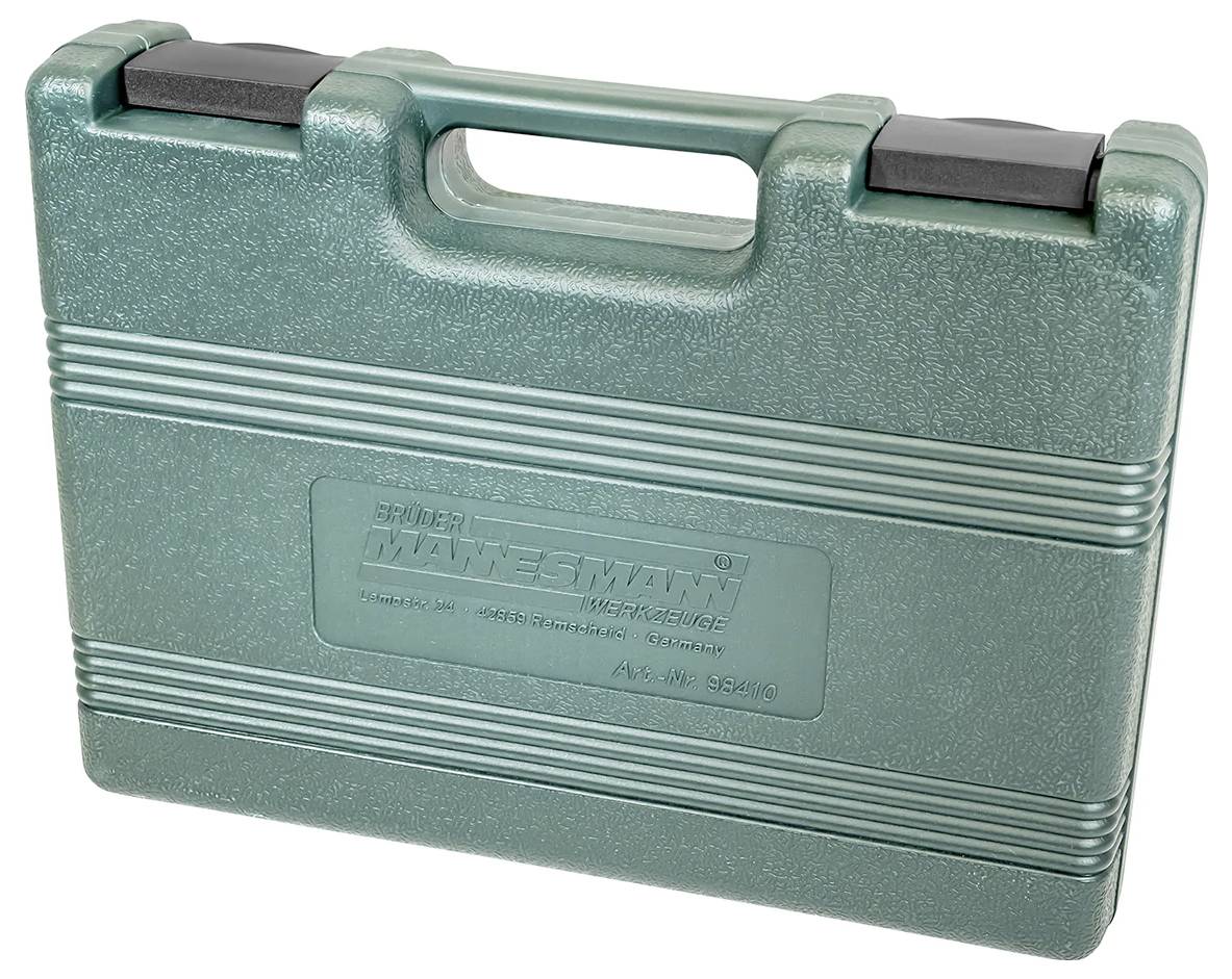 Zelený plastový kufřík s rukojetí a přezkami, pravděpodobně určený pro nářadí.