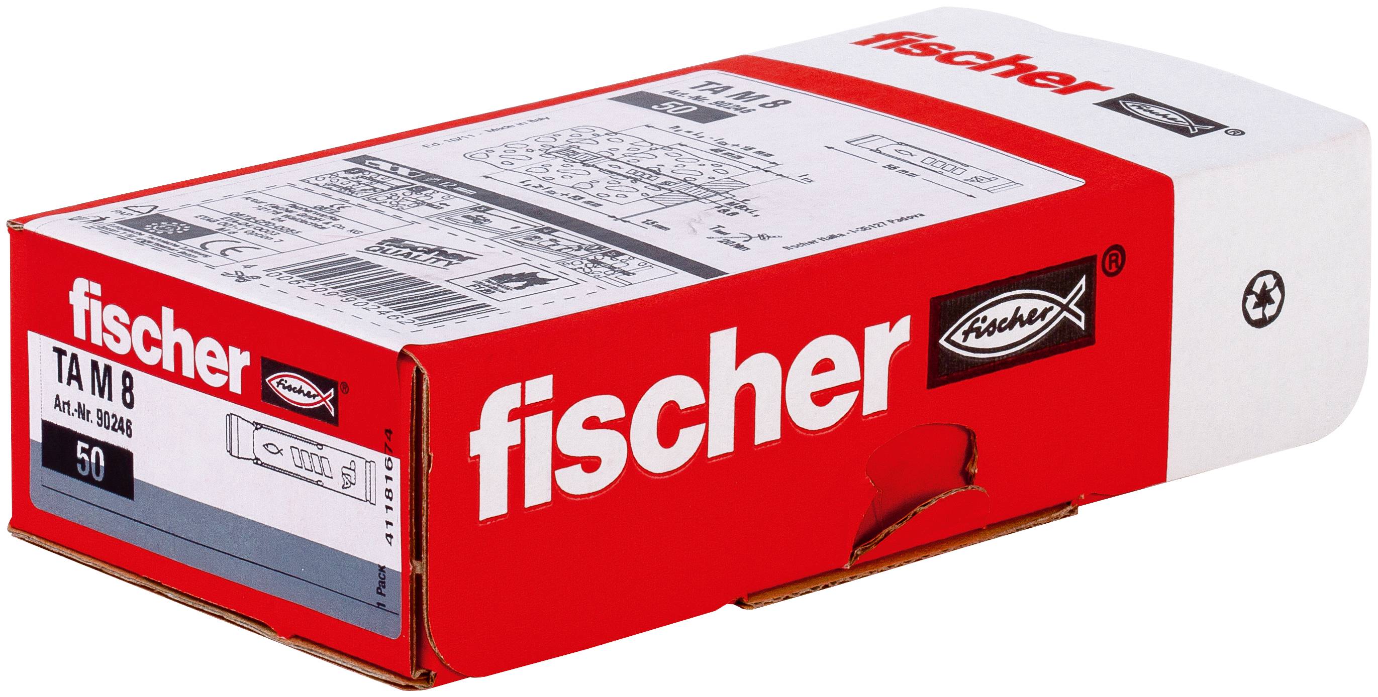 Červeno-bílá krabice nástěnné kotvy Fischer TAM 8 zobrazující logo Fischer a štítek produktu na balení.