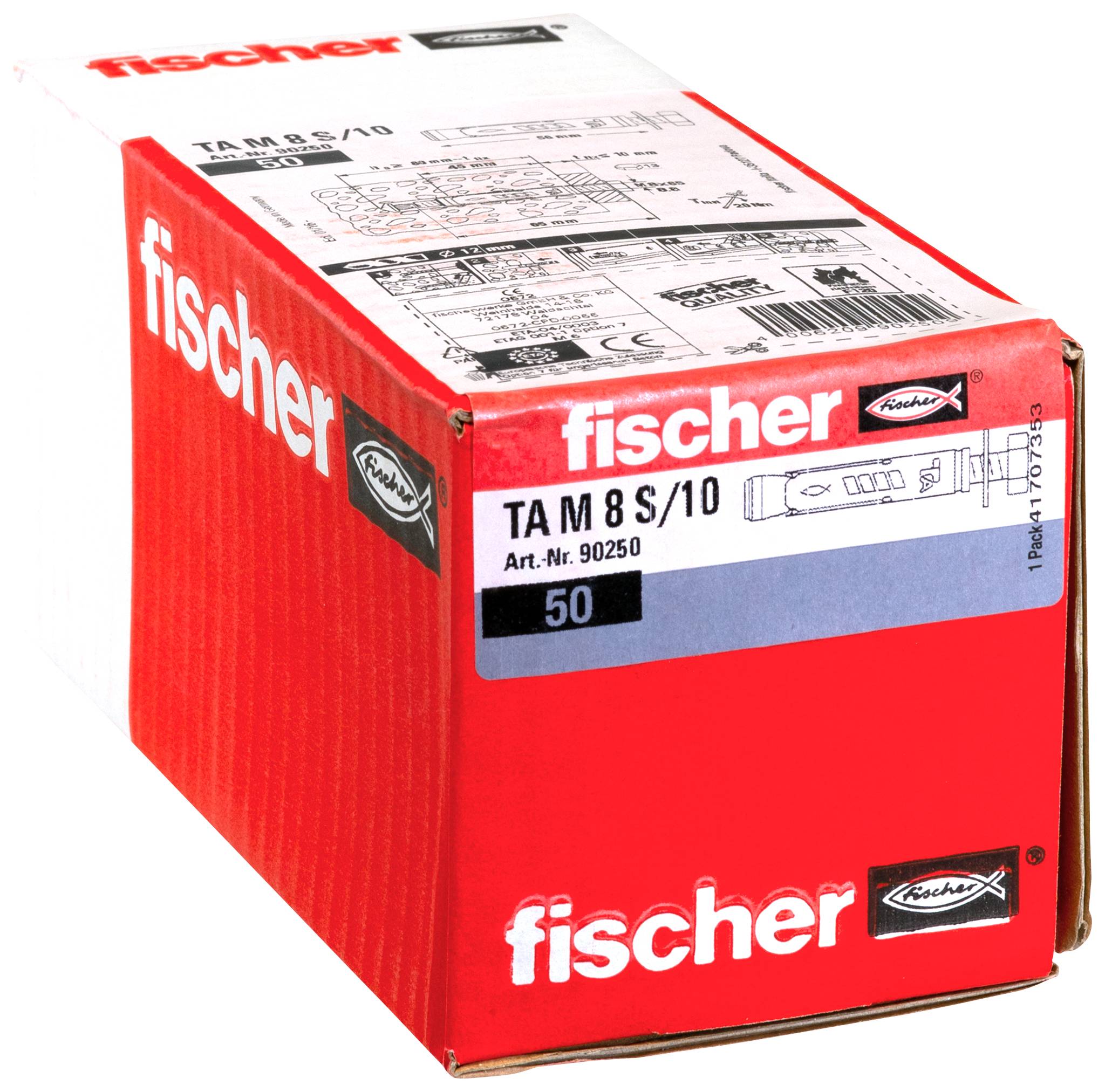 Produktová krabice Red Fischer značená "fischer" a "TA M 8 S/10", označená číslem 50, zobrazená na bílém pozadí.