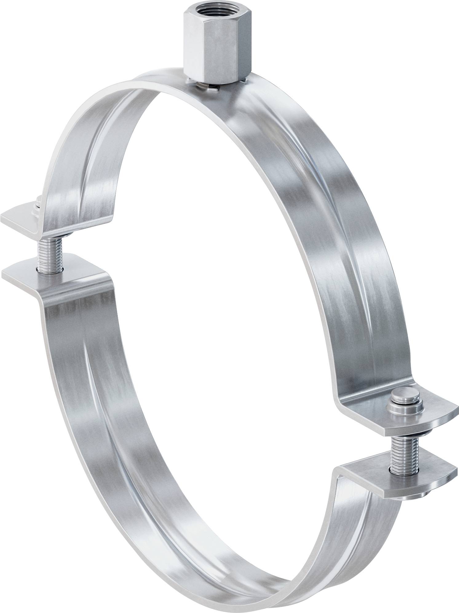 Kovový závěs potrubí se stavitelnou závitovou horní šroubem a dvěma bočními montážními konzolami, zobrazený na bílém pozadí.