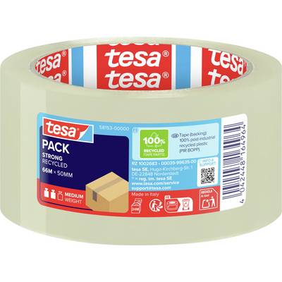 'Tesa Pack Recycled' transparentní lepicí páska s ikonou kartónové krabice, 66 m x 50 mm, 100% recyklovaná podstava a vnitřní jádro, střední váha.