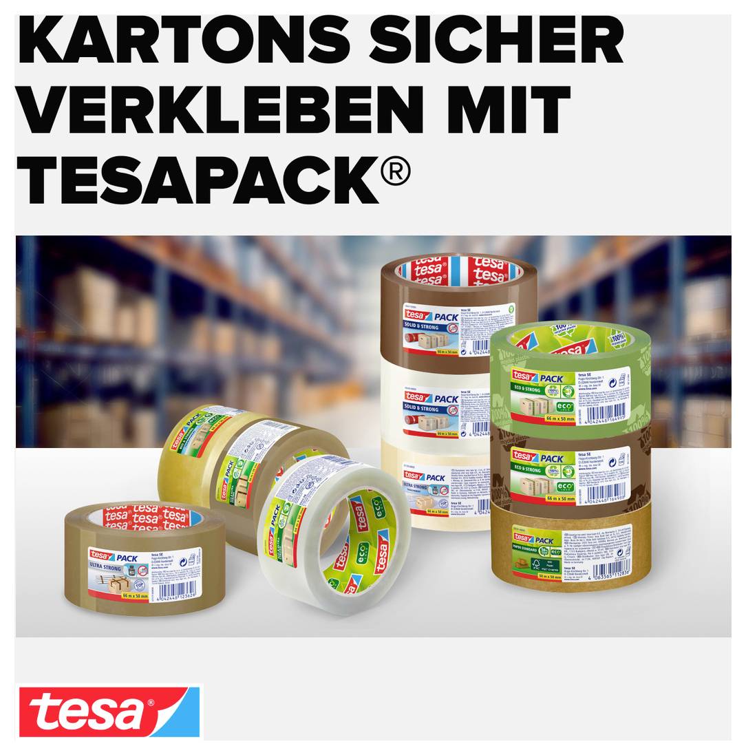 "Kartony bezpečně lepíte pomocí tesaPack®" zobrazuje složené balicí pásky v skladišti. Jsou vyobrazeny různé barvy a modely.