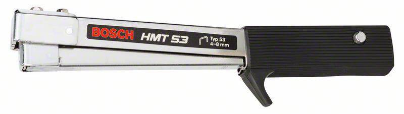 Ruční sponkovačka Bosch HMT 53 z kovu s černou rukojetí, vhodná pro sponky o velikosti 4-6 mm.