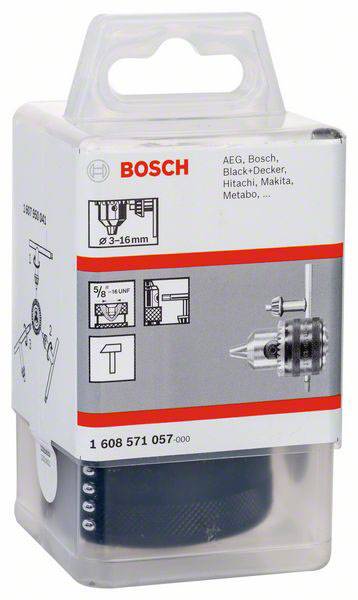 Obal na sklíčidlo Bosch ukazuje kompatibilitu s vrtačkami několika značek a zahrnuje vrtací průměry od 3 do 16 mm.