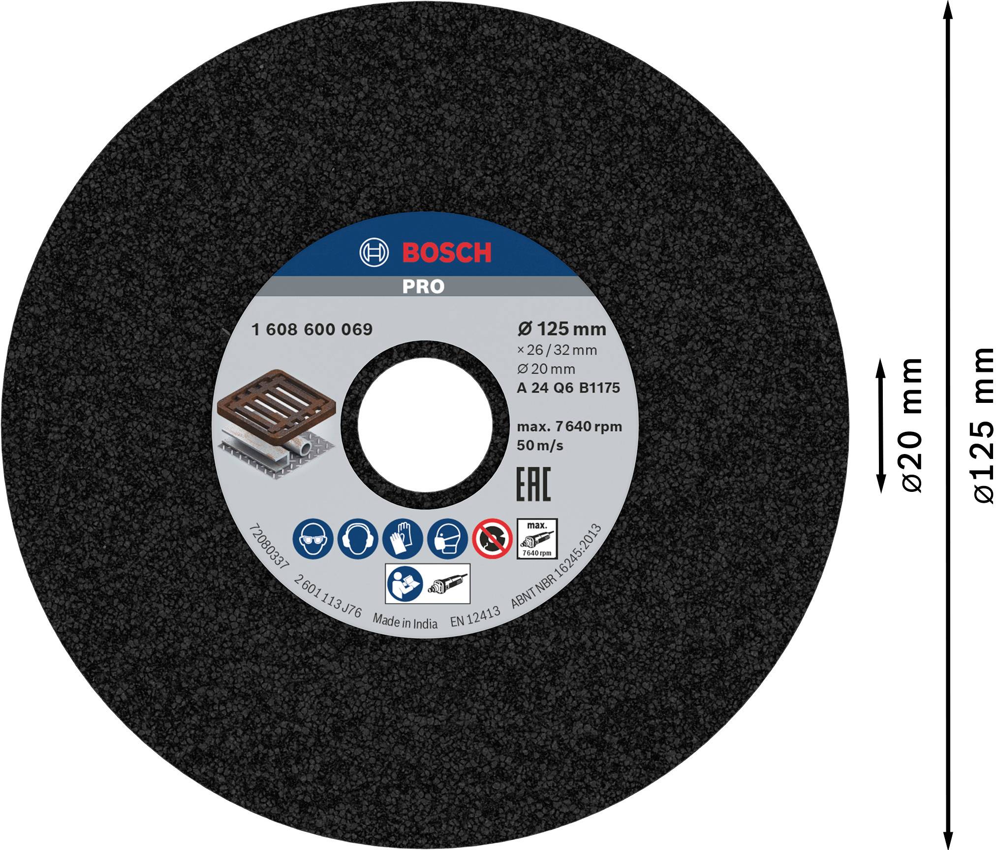 Černý řezný kotouč Bosch, průměr 125 mm, modelové číslo 1 608 600 069, pro obrábění kovů, maximální rychlost 80 m/s.