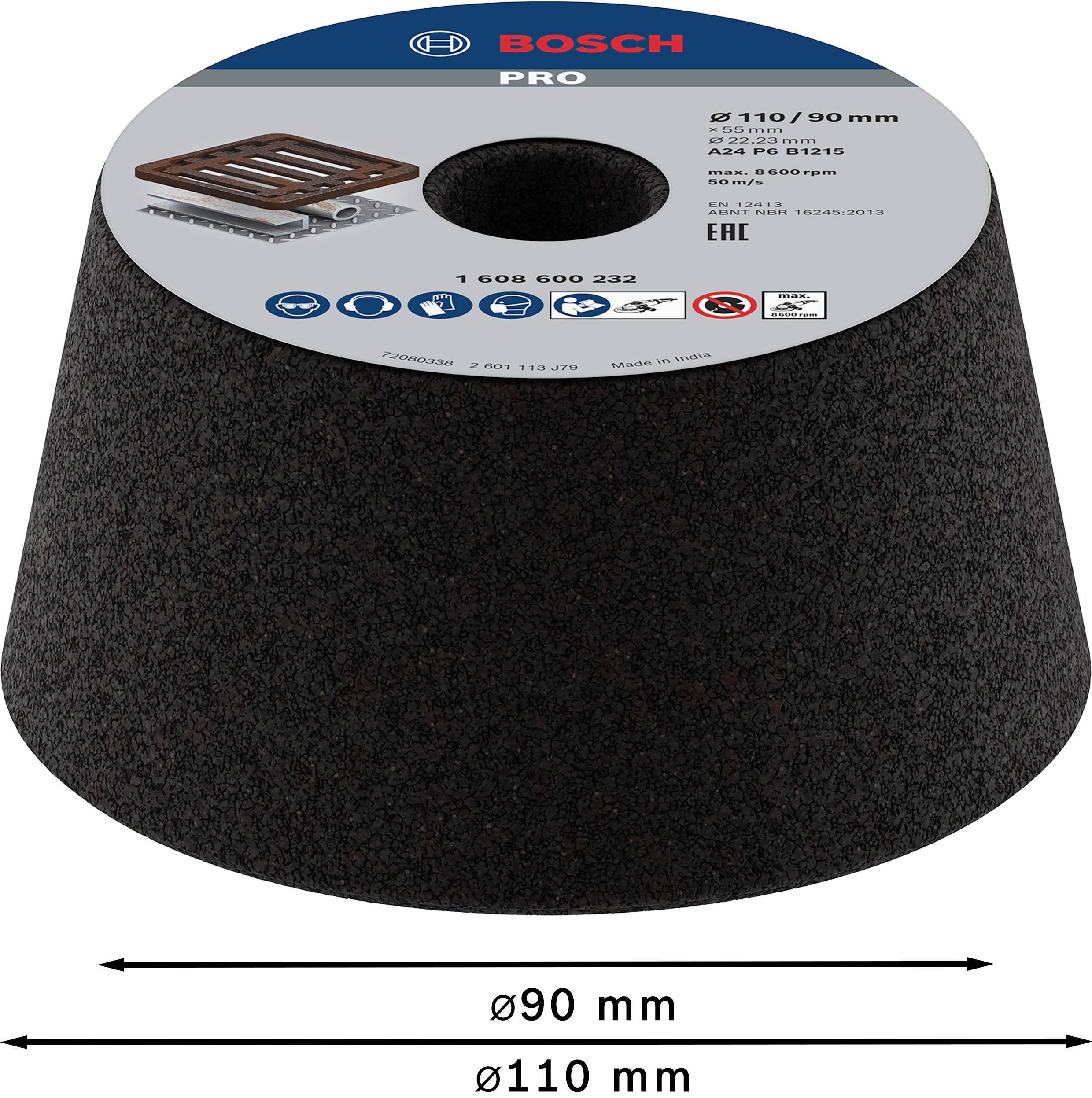 Brusný kužel Bosch pro práce s kovem, průměr 90/110 mm, zrnitost 36, maximální otáčky 8.600 ot/min, vyrobeno v Indii.
