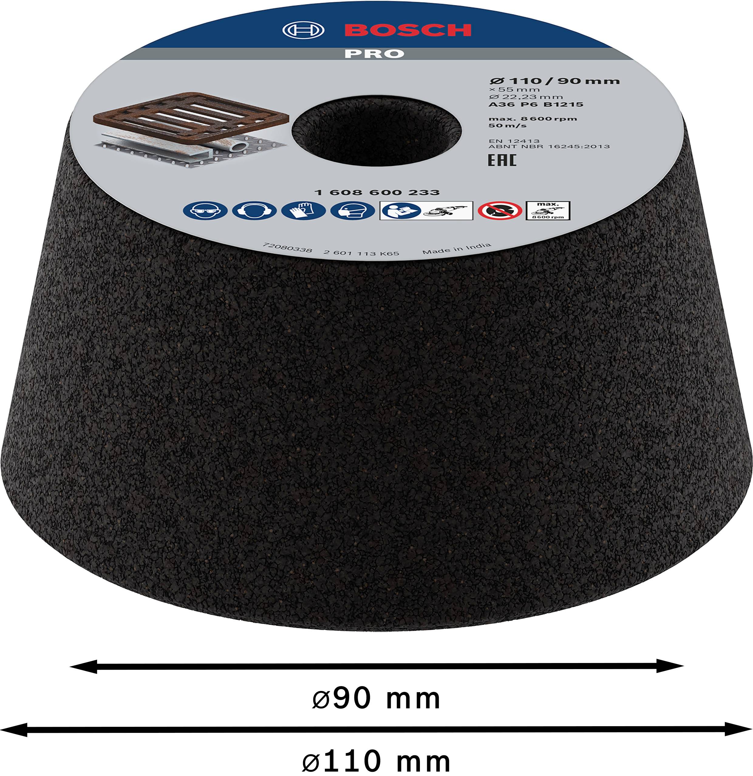 Brusný hrnec s kuželovitým tvarem, tmavě zbarvený. Logo Bosch a technické údaje nahoře: průměr 110/90 mm, 8500 otáček za minutu.